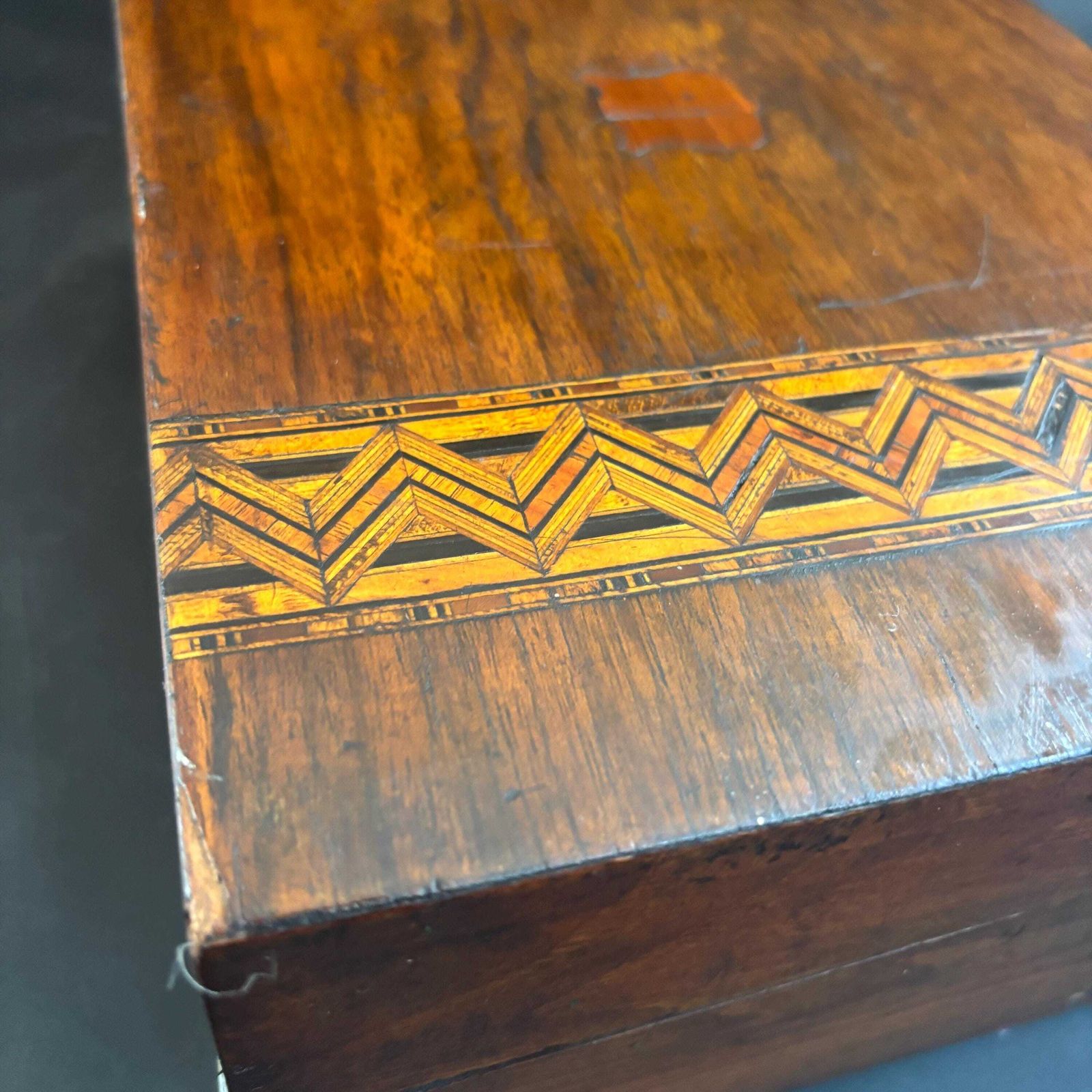photo vinterior Antique Victorian Walnut Keepsake Box, Tunbridge Ware Inlaid Wooden Memory Chest, 19th Century Storage Box, Unique Upcycled Gift.