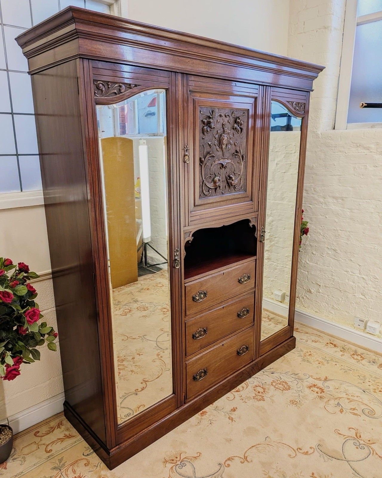 Victorian Carved Mahogany Triple Combination Wardrobe photo furniture