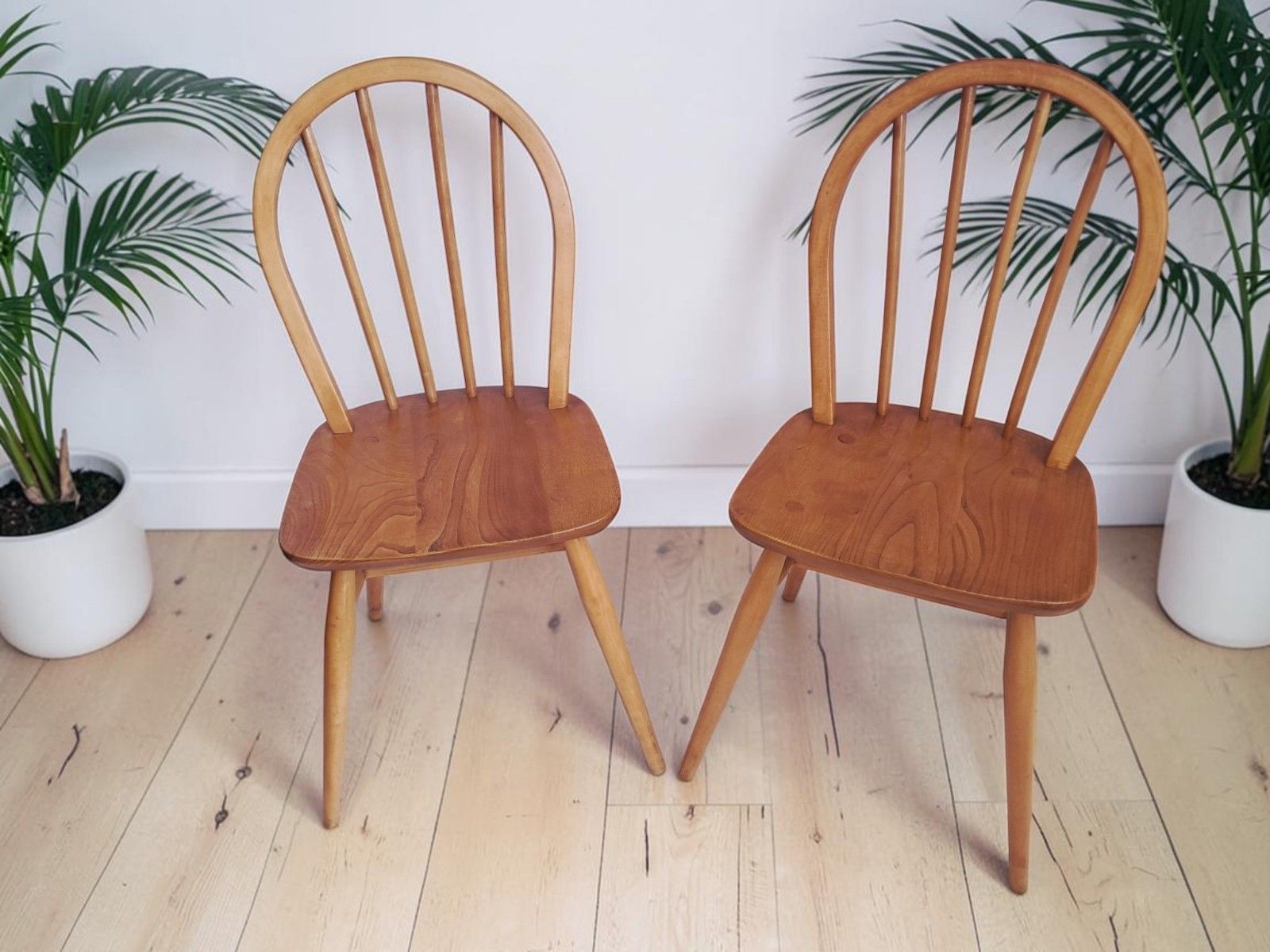 Mid Century Ercol Windsor Dining Chairs Pair Hoop Back Light Elm Chairs 1960
