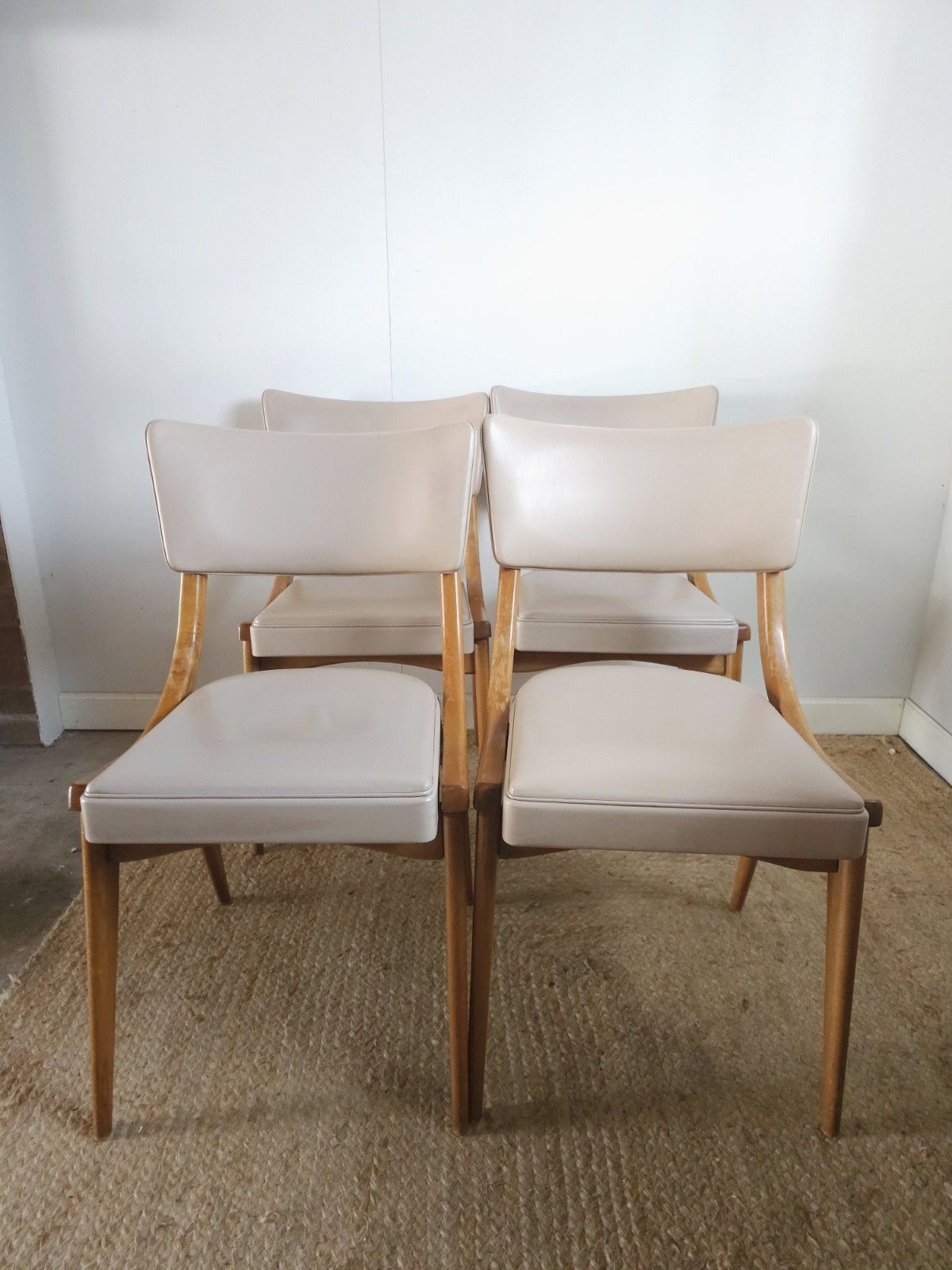 Ben Stoe Dining Chairs Mid Century Set Of 4 Taupe Vinyl Upholstery Delivery photo vinterior