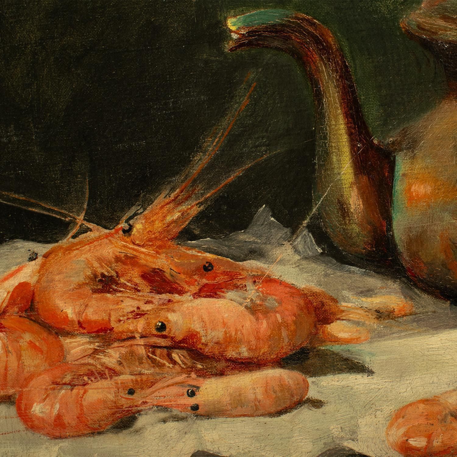 photo furniture « Composition avec crevettes et œufs » L. Dupuis, huile sur panneau, XIXe siècle
