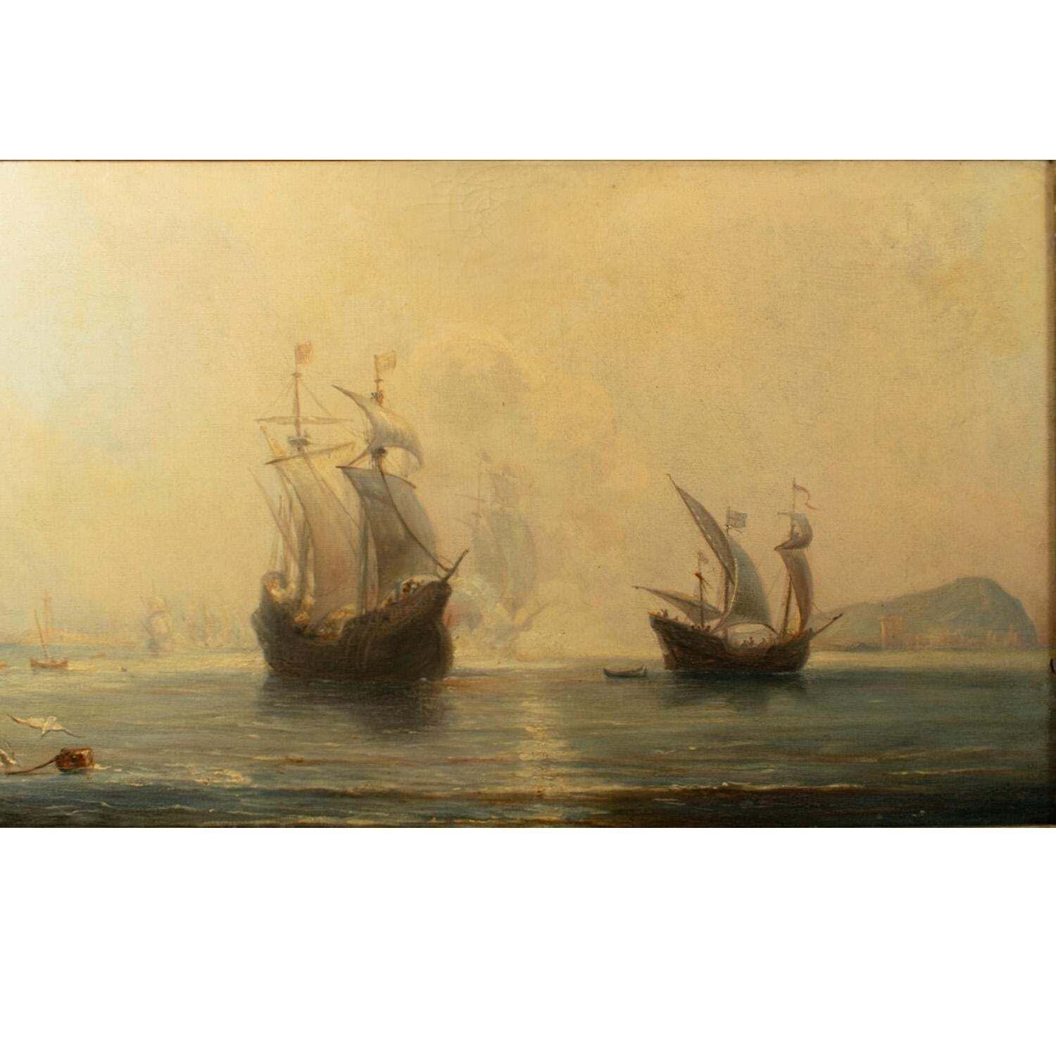 École française, XIXe siècle, huile sur toile   Galions espagnols à l'ancre dans une baie photo furniture