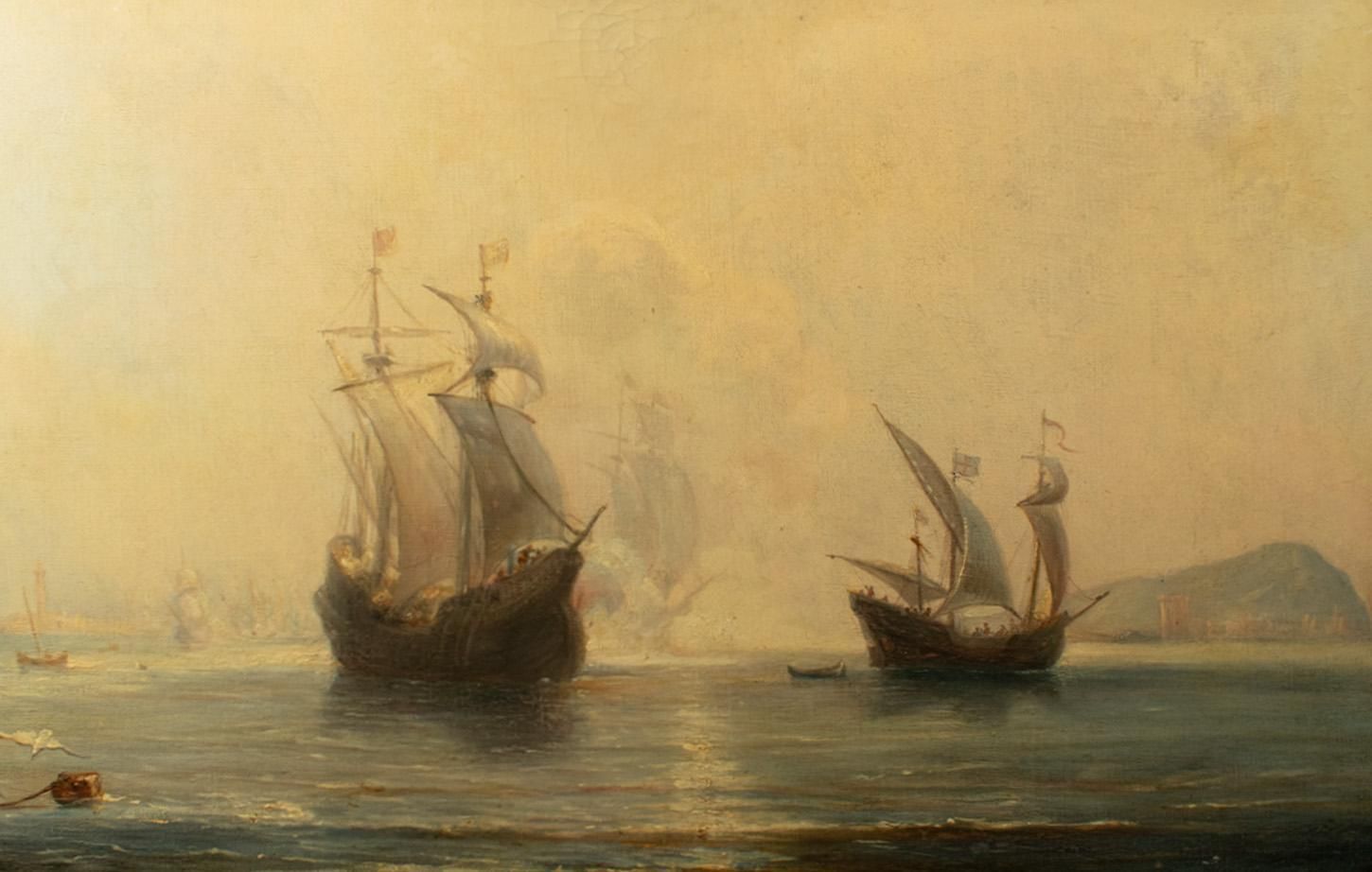 French School, 19th Century, Oil On Canvas   Spanish Galleons At Anchor In A Bay photo for sale