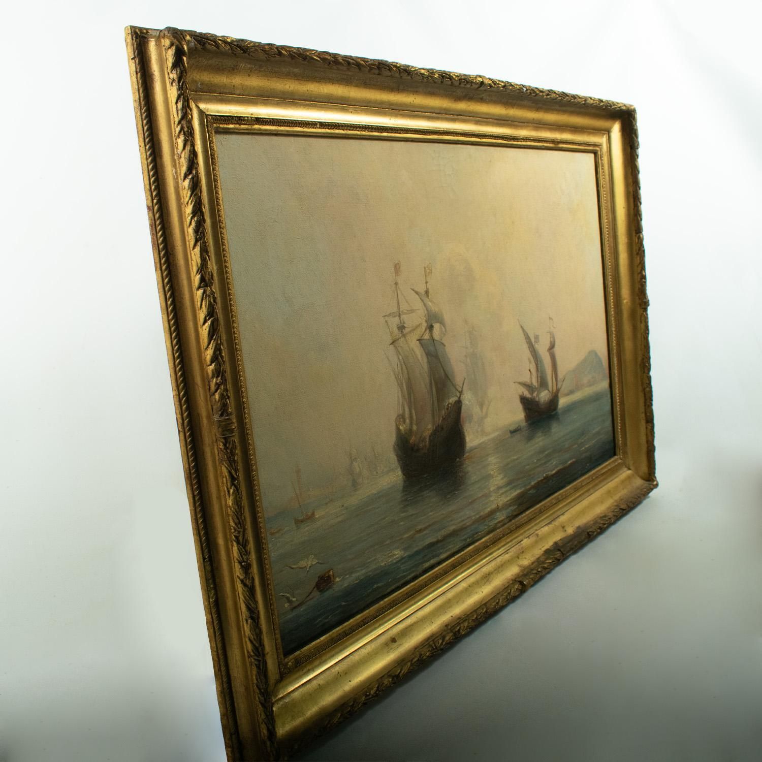 photo furniture École française, XIXe siècle, huile sur toile   Galions espagnols à l'ancre dans une baie