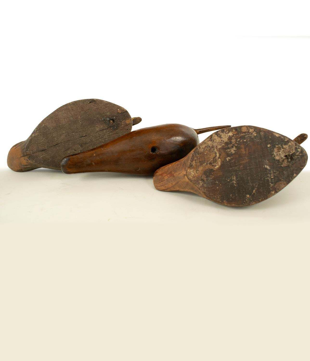 Trio de deux canards et un courlis, appelants d'époque en bois sculpté et peint photo buy