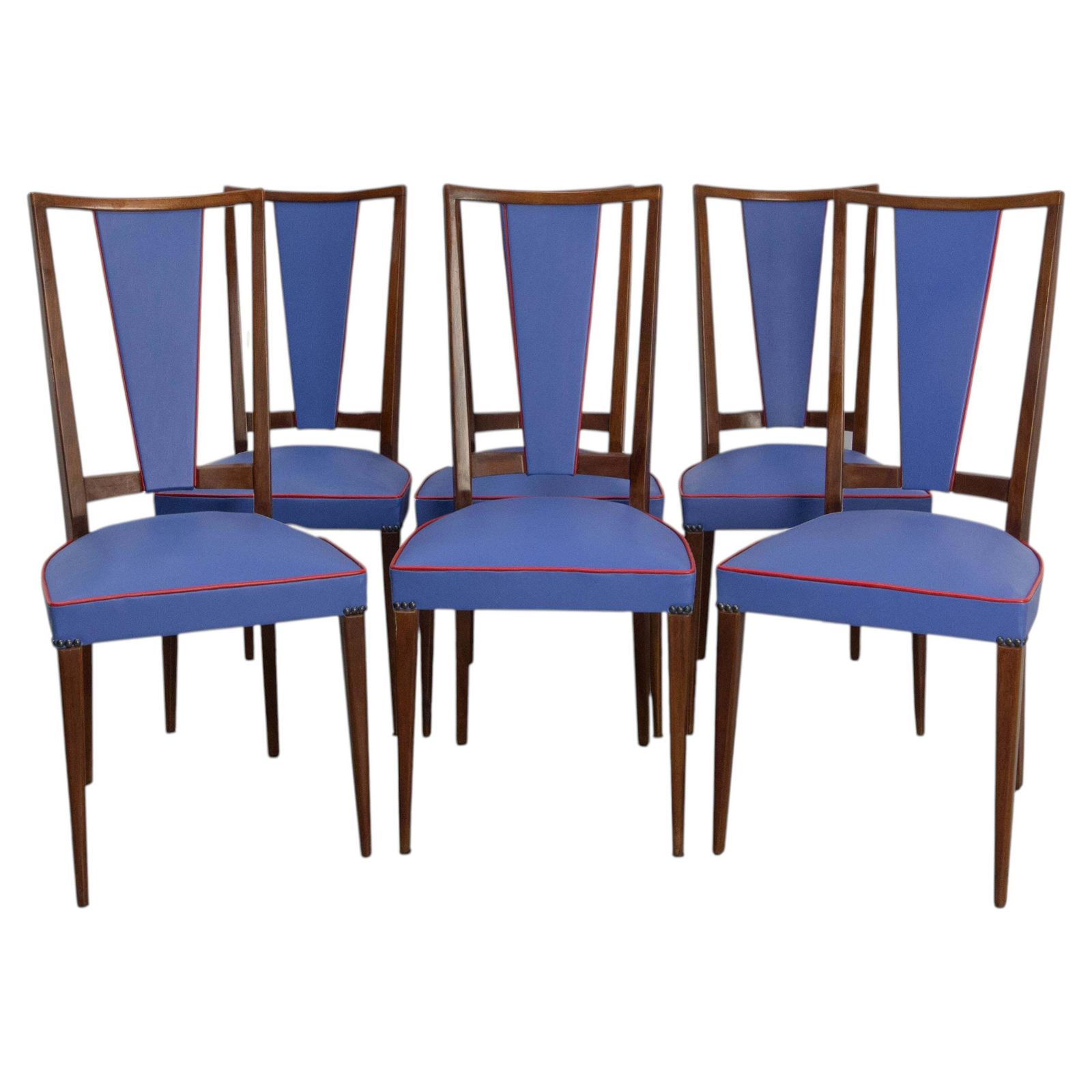 Zes eetkamerstoelen met blauwe bekleding en rode bies – teakhouten frame en skai – mid-century Frans, ca. 1960