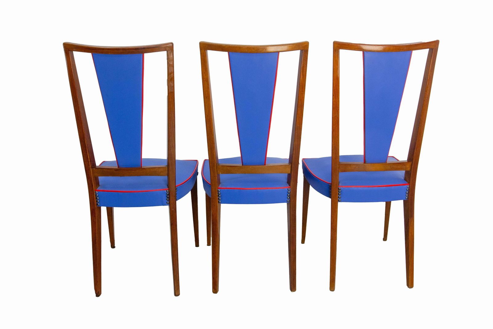photo furniture Six Blue Red Border Dining Chairs Teck And Skai Midcentury French, Circa 1960