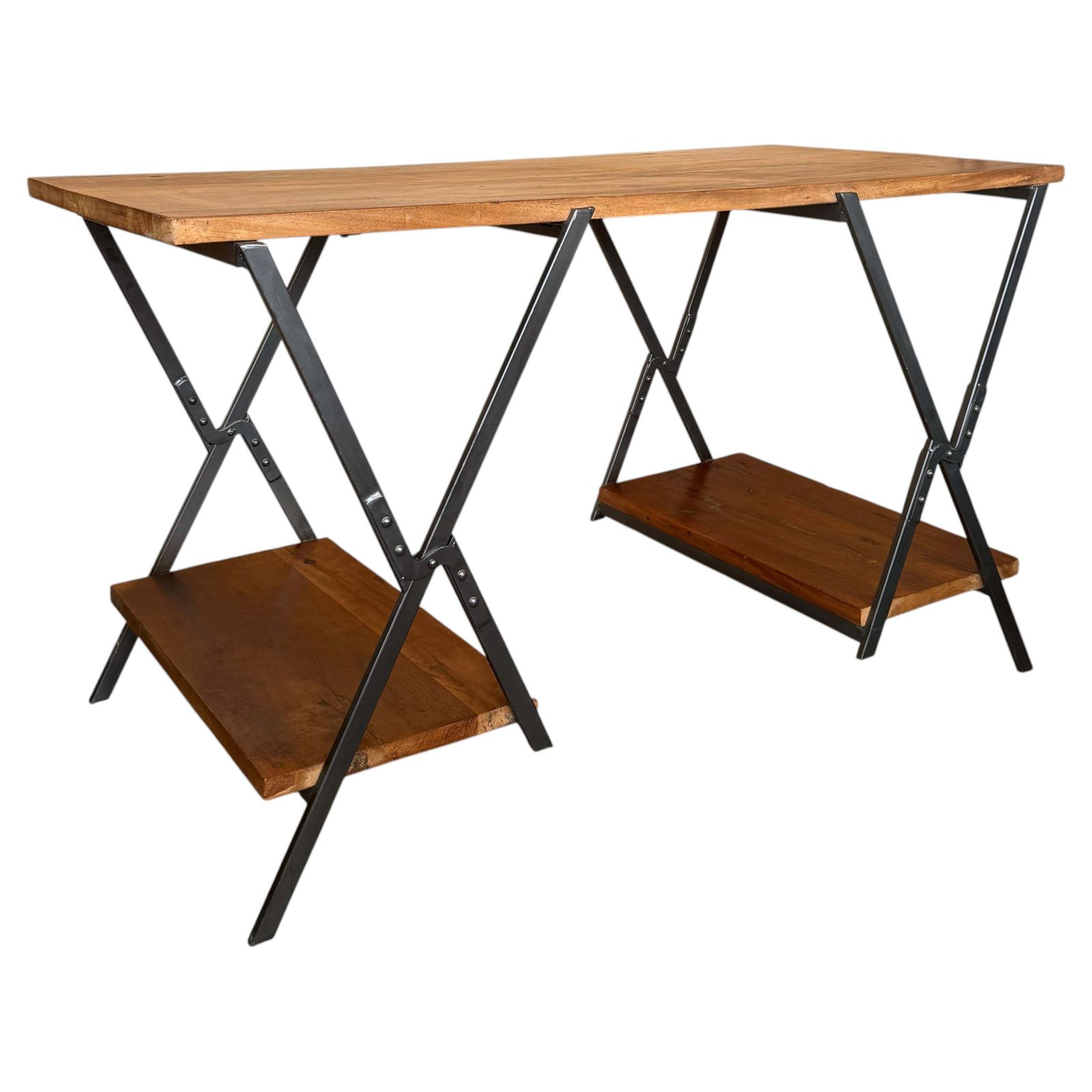 Console industrielle en bois rustique, piètement en X en métal