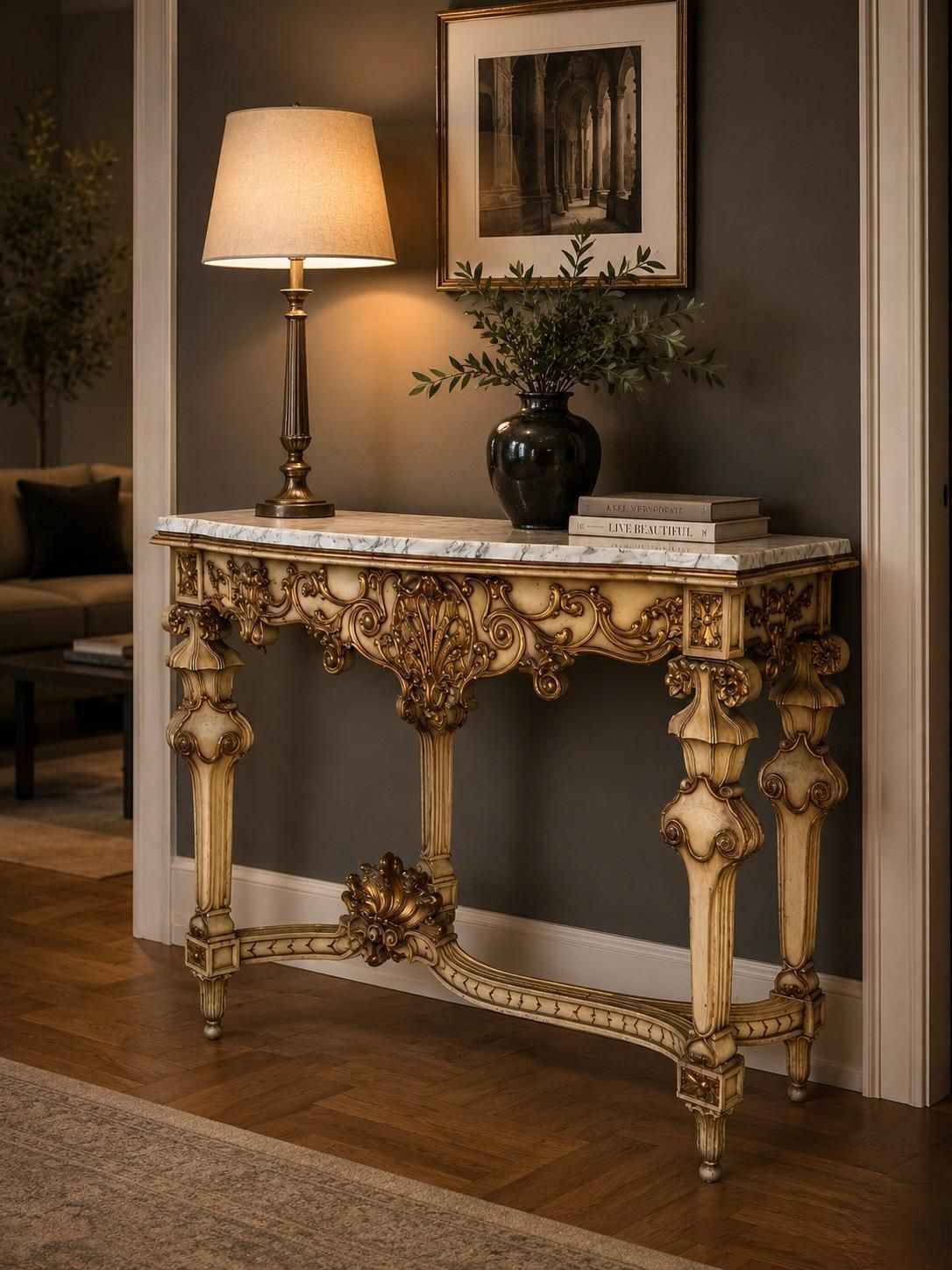 photo vinterior Console Louis XV Rococo, plateau en marbre, avec accents dorés