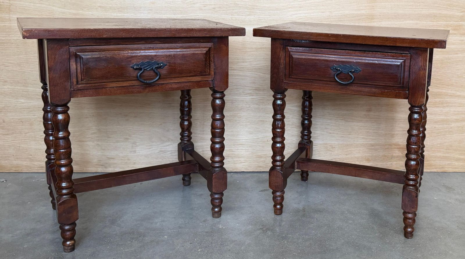 Pair Of Spanish Solid Wood Nightstands With Turned Legs And Single Drawer photo 1828.0