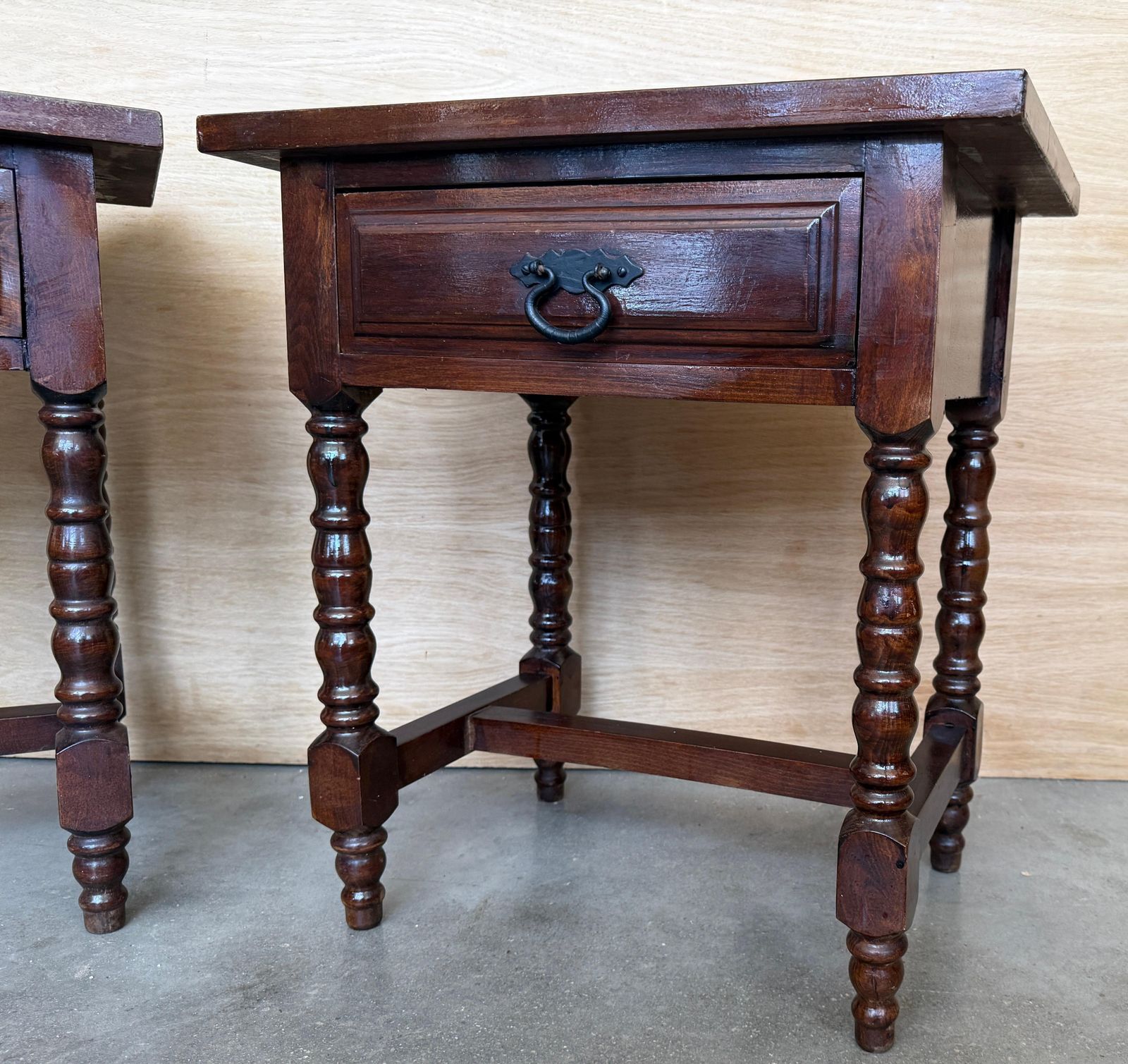 Pair Of Spanish Solid Wood Nightstands With Turned Legs And Single Drawer photo buy