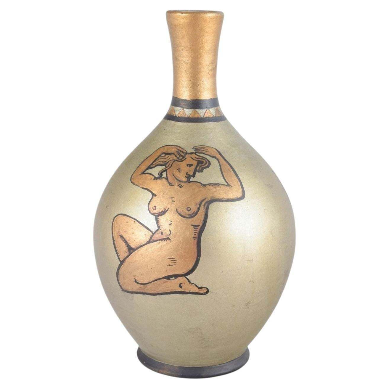 Bo Fajans. Faience Vase With Hand Painted Motif Of Seated Female Figures.