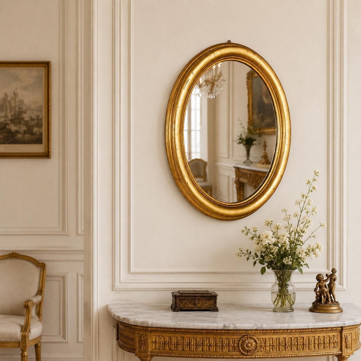 Italiaanse ovale vergulde spiegel met bladgoud, 19e eeuw photo furniture