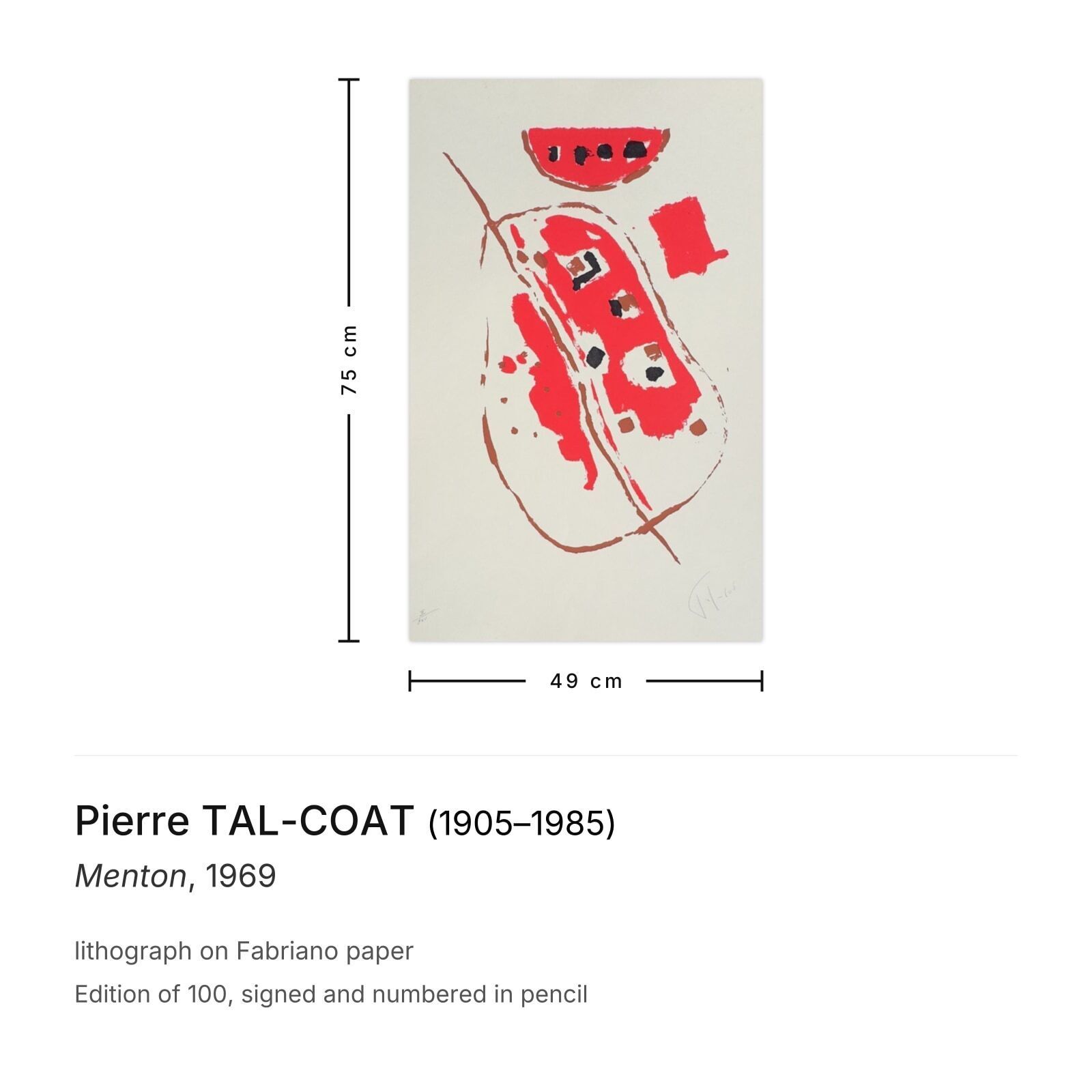 Pierre Tal Coat gesigneerde lithografie Menton 1969 photo furniture