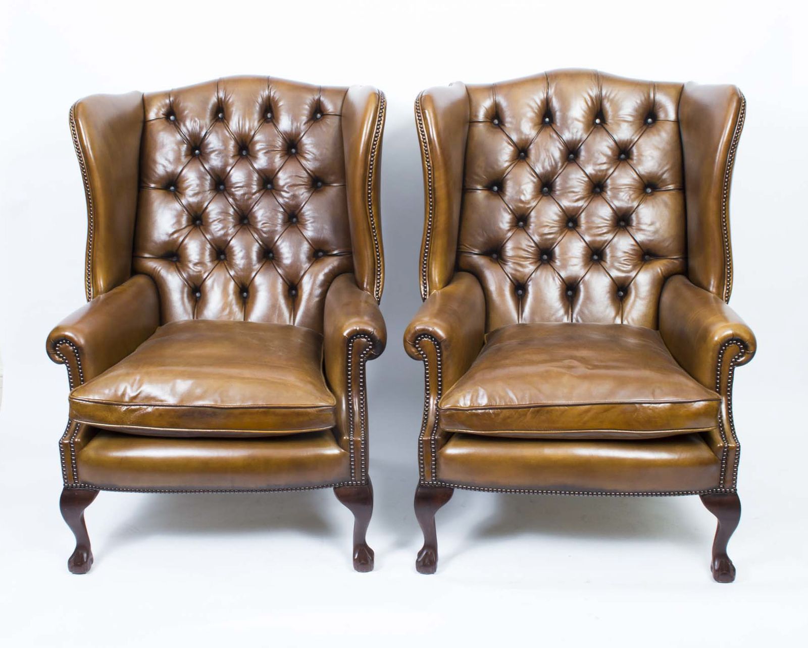 Bespoke Pair Leather Chippendale Wing Back Armchairs Yellow Tan photo furniture