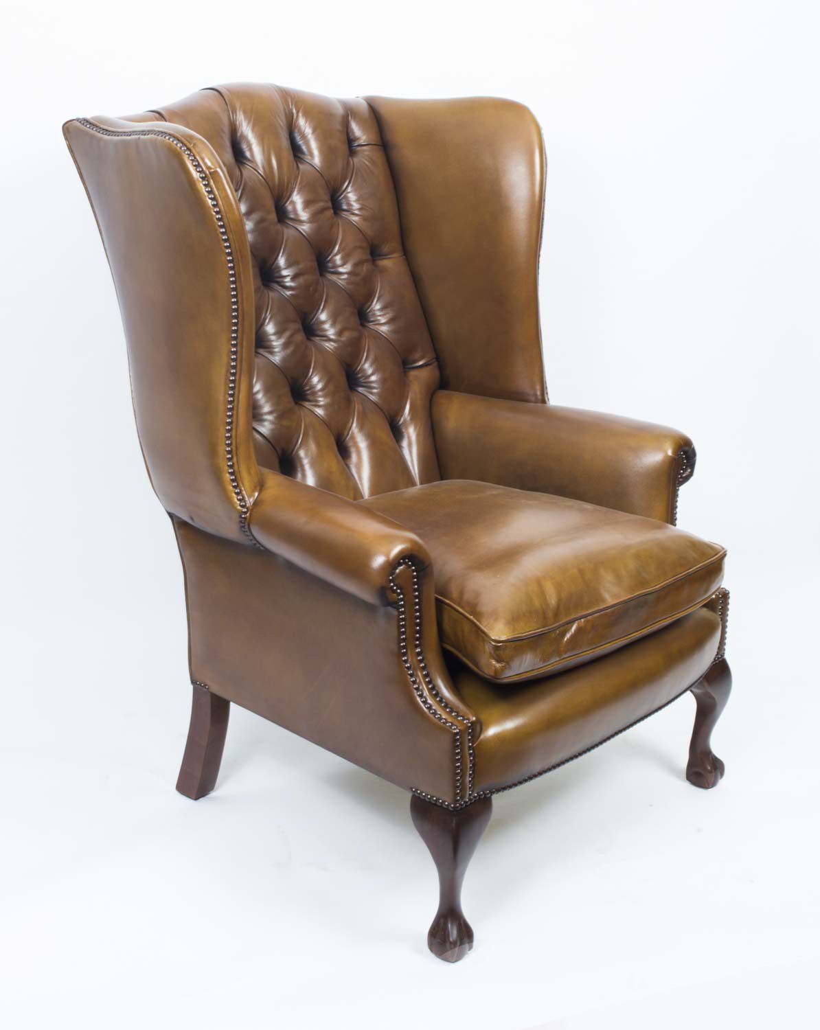 Bespoke Pair Leather Chippendale Wing Back Armchairs Yellow Tan photo vinterior