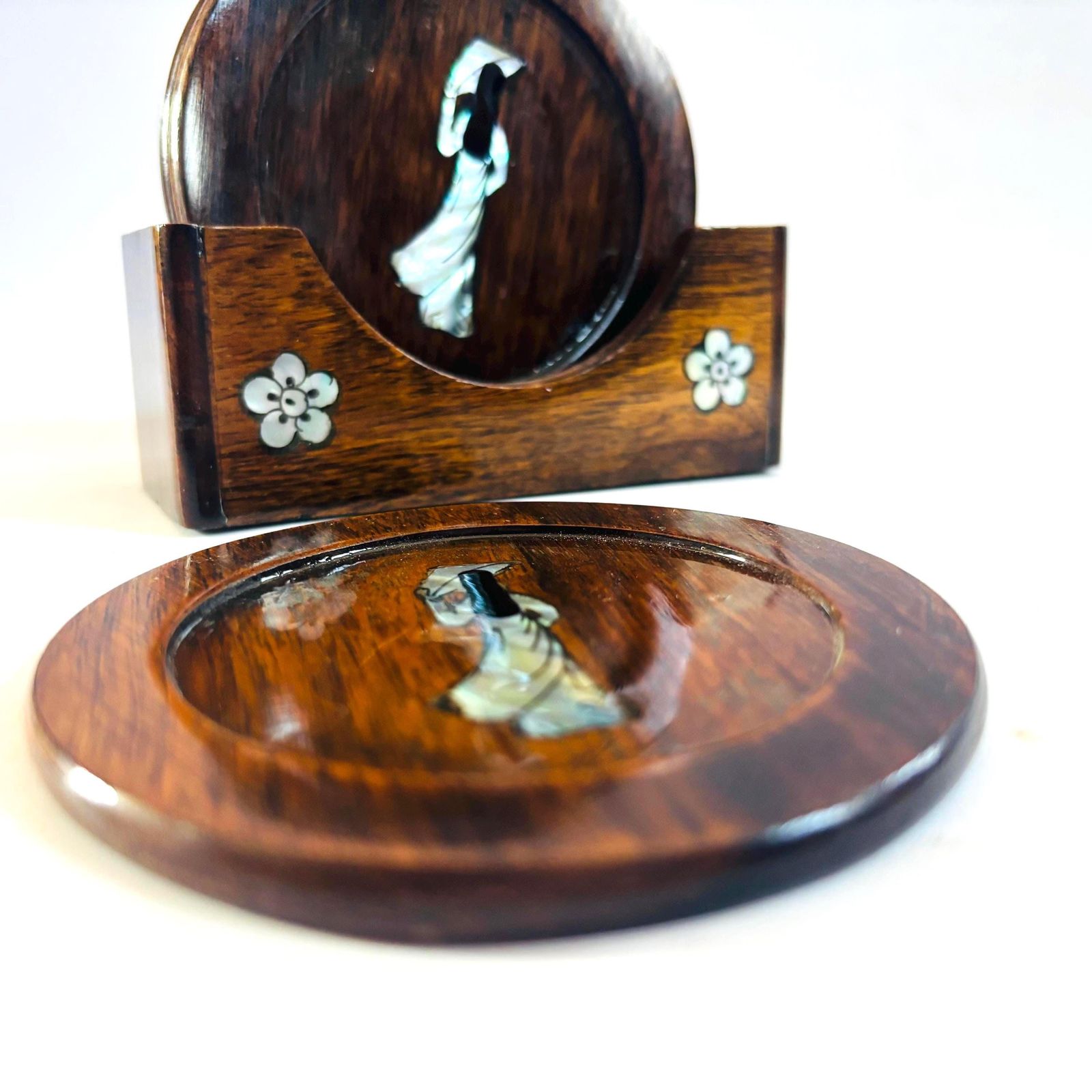 photo buy Mid Century East Asian Hardwood Coaster Set, Genuine Abalone Shell Inlay Geisha
