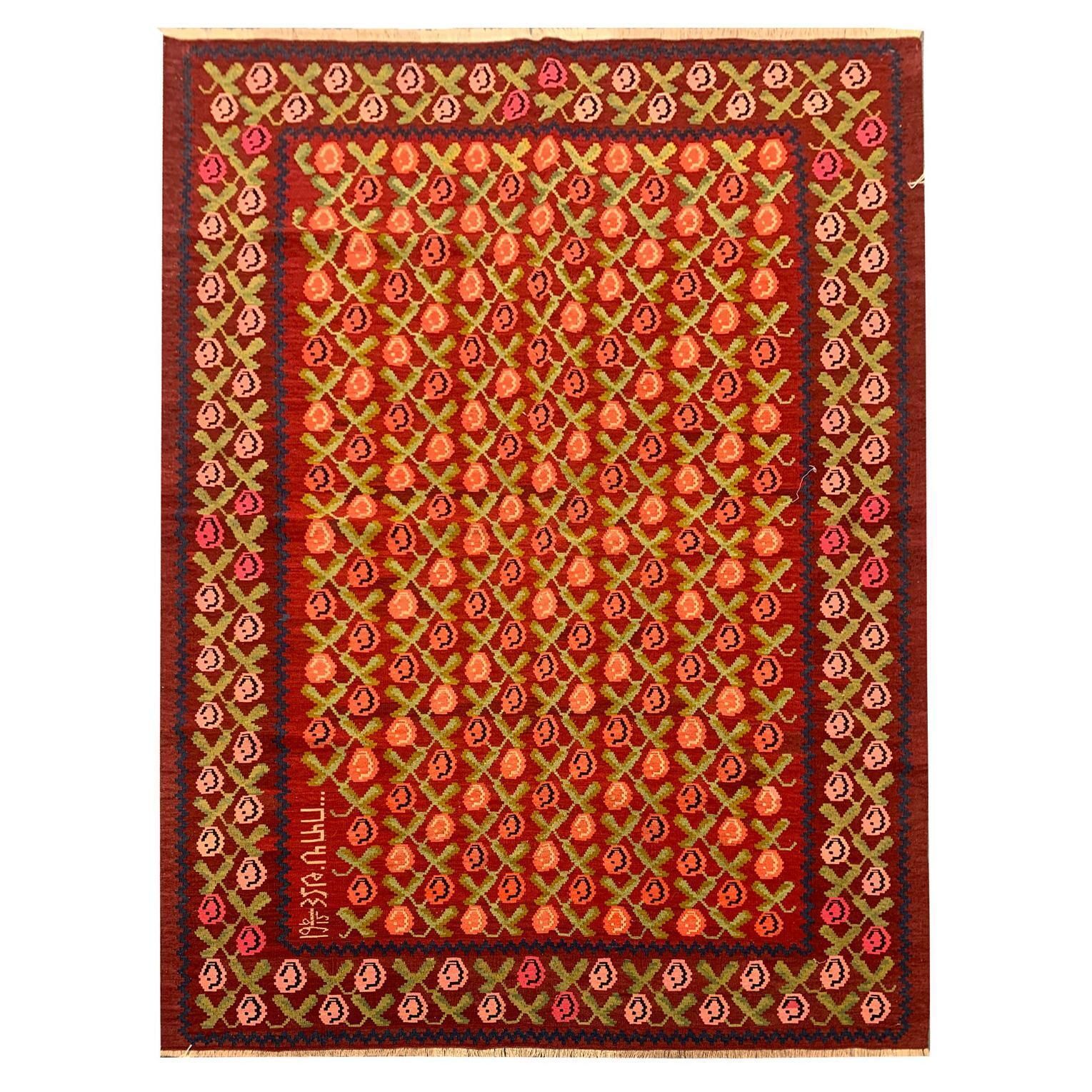 Zeldzaam handgemaakt tapijt, antieke Armeense kilim, traditionele bloemen kilim
