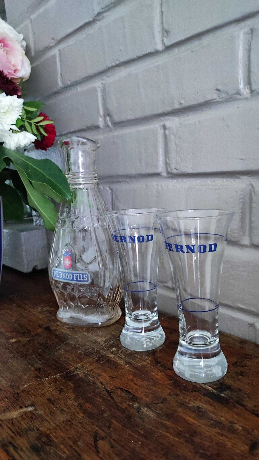 Vintage Pernod Fils Pitcher Drink And 2 Glasses: 1940s French Barware photo furniture