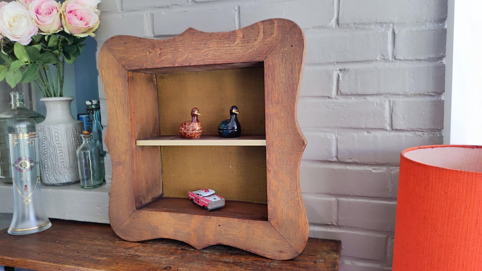 photo vinterior Vintage French Wooden Shelves 2 Tier Shelf Unit, Decorative Open Shelf Cabinet