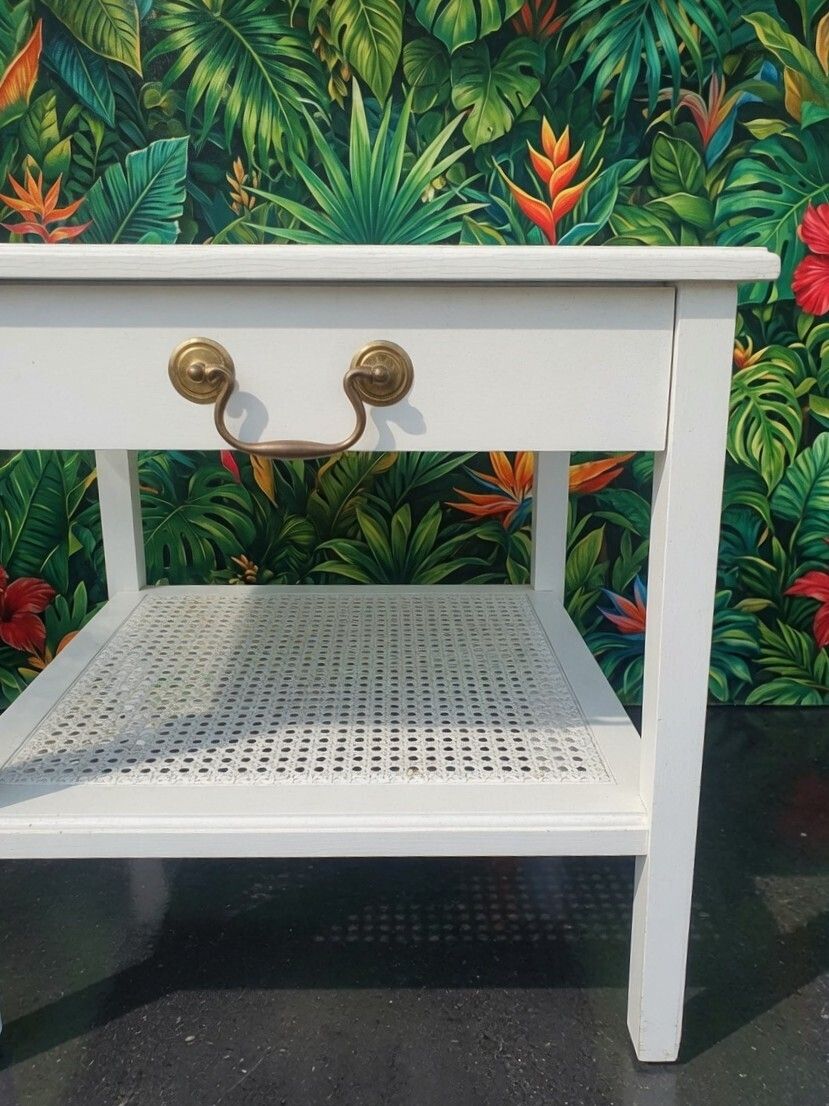 A Pair Of Painted Wood Glass And Rattan / Cane Bedside Tables photo for sale