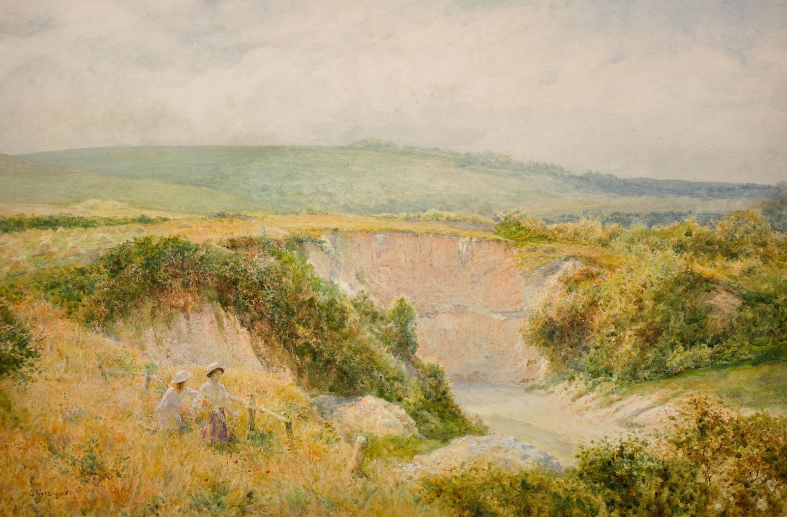 Charles Gregory 1849 To 1920. English. Summers Day At Steyning Bowl, West Sussex, South Downs Way. Framed Watercolour. Victorian Landscape. photo furniture