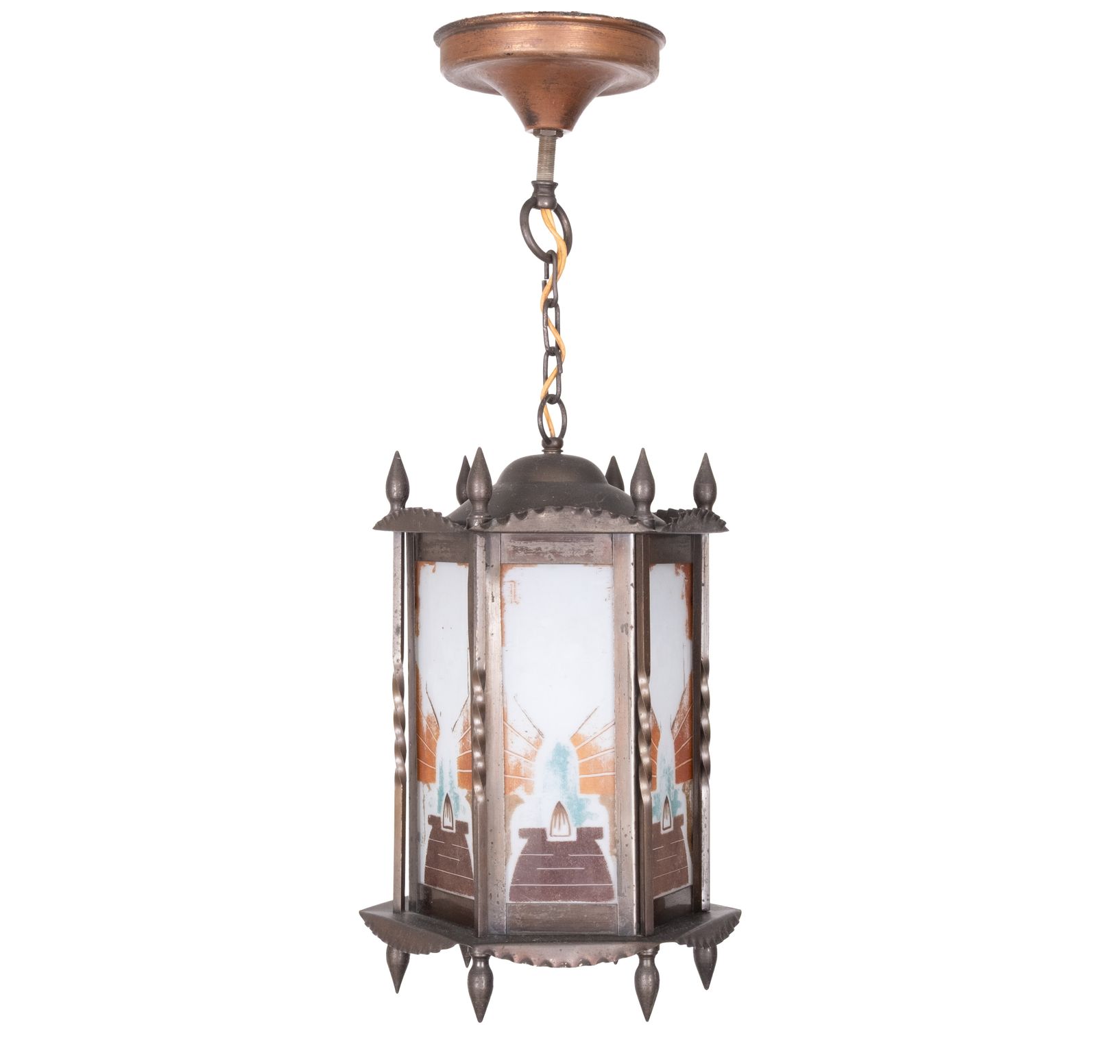 Amsterdam School Hexagonale Art Deco Lamp Met Beschilderd Glas, Nederland