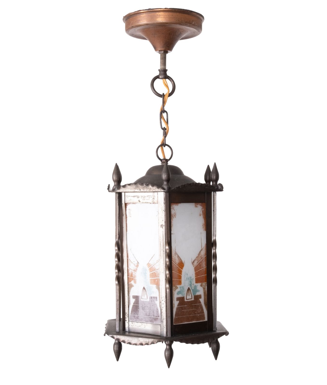 Amsterdam School Hexagonale Art Deco Lamp Met Beschilderd Glas, Nederland photo vintage