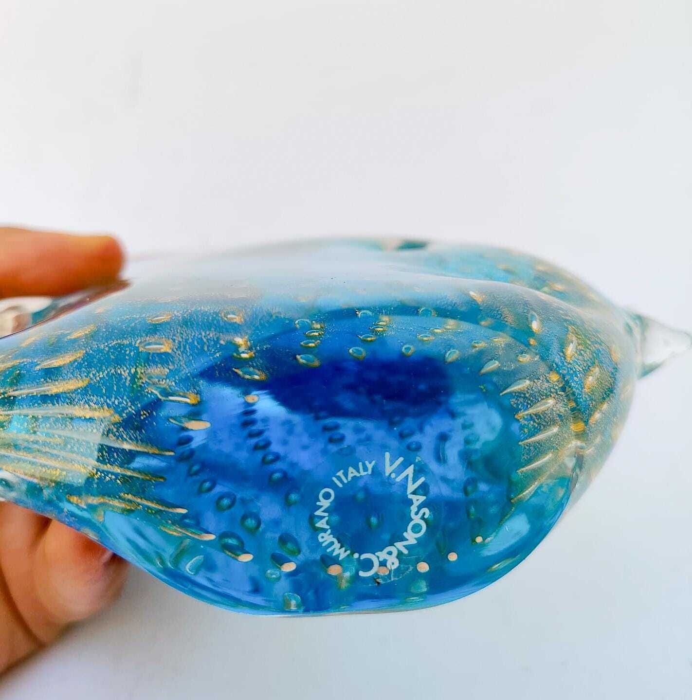 photo furniture Sculpture de poisson en verre de Murano, feuille d'or turquoise vintage, par V. Nason