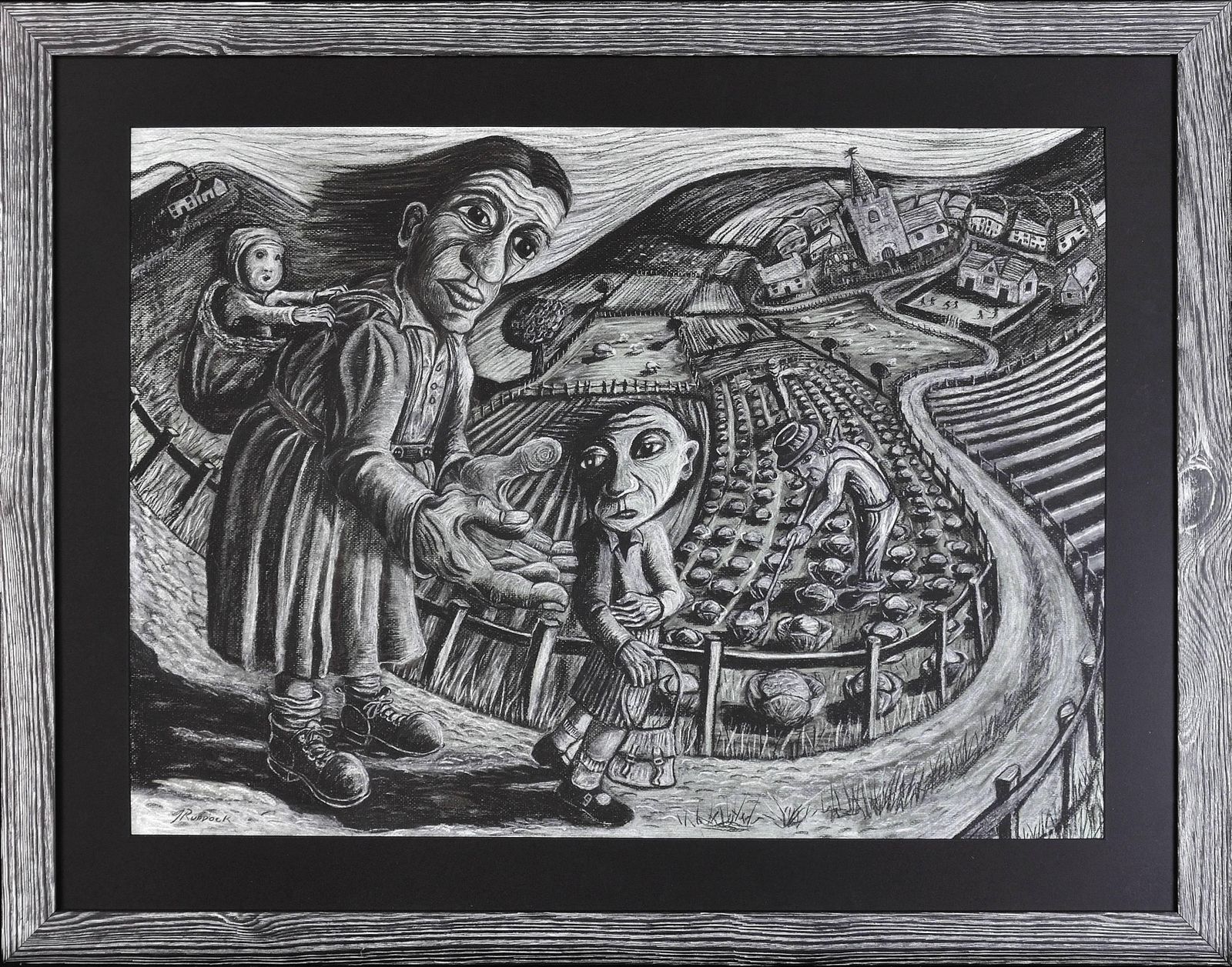 Premier jour d'école. Pastel expressionniste encadré, souvenir d'enfance, par l'artiste gallois Julian Ruddock, né en 1965. Le chemin de l'école dans le pays de Galles rural.
