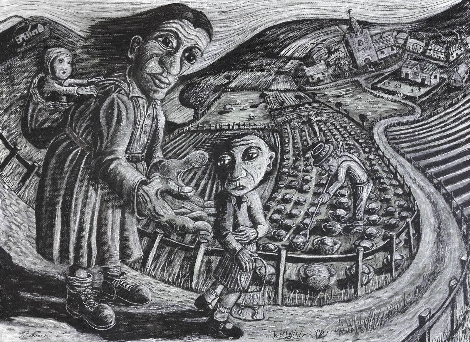 Premier jour d'école. Pastel expressionniste encadré, souvenir d'enfance, par l'artiste gallois Julian Ruddock, né en 1965. Le chemin de l'école dans le pays de Galles rural. photo furniture