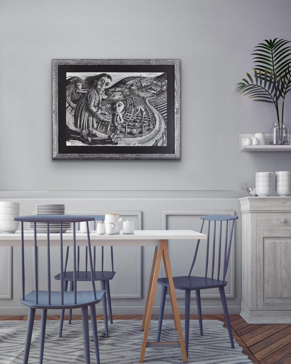 Premier jour d'école. Pastel expressionniste encadré, souvenir d'enfance, par l'artiste gallois Julian Ruddock, né en 1965. Le chemin de l'école dans le pays de Galles rural. photo vinterior