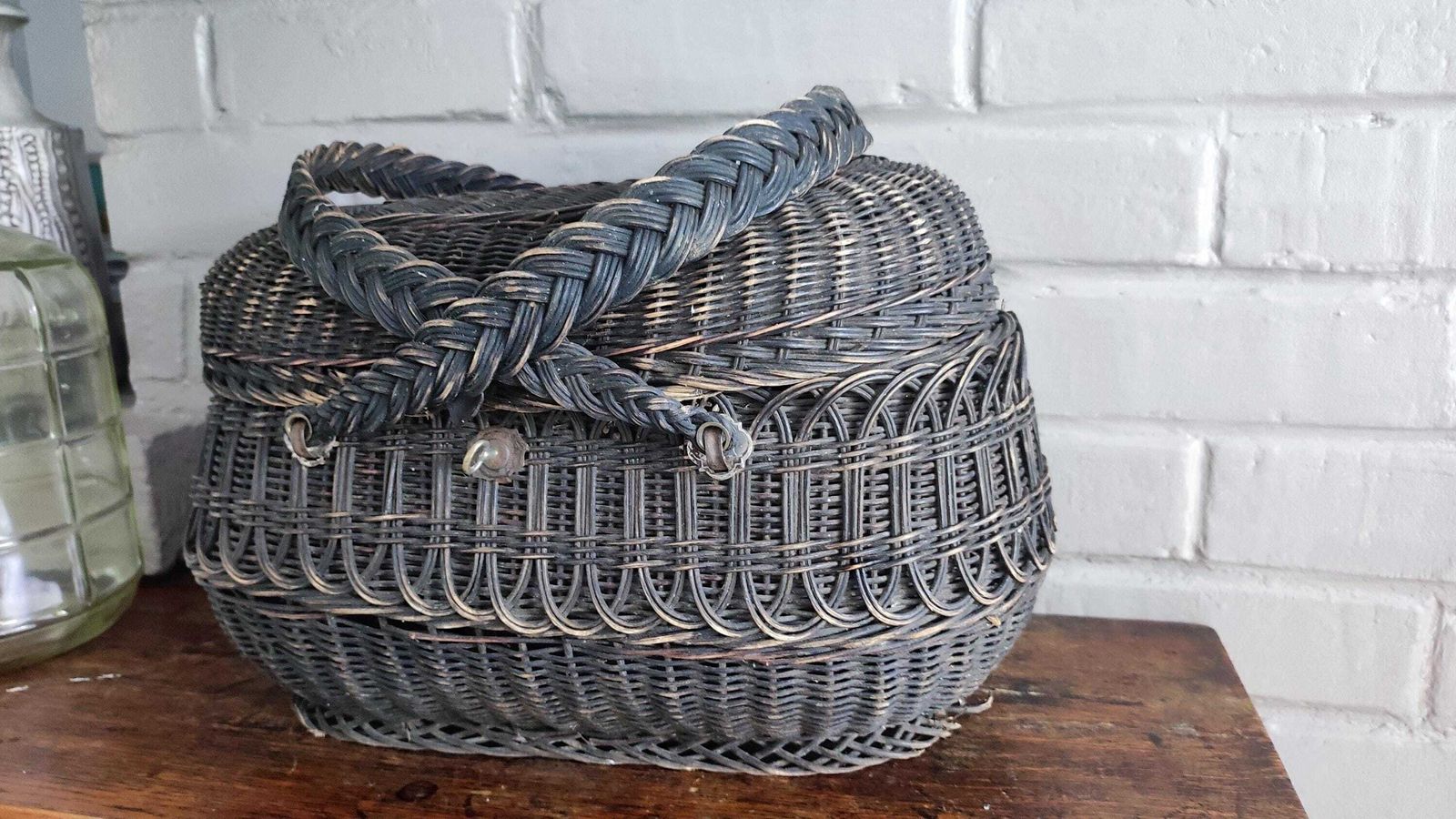Antique French Woven Farm Basket Wicker Sewing Basket With Lid photo for sale