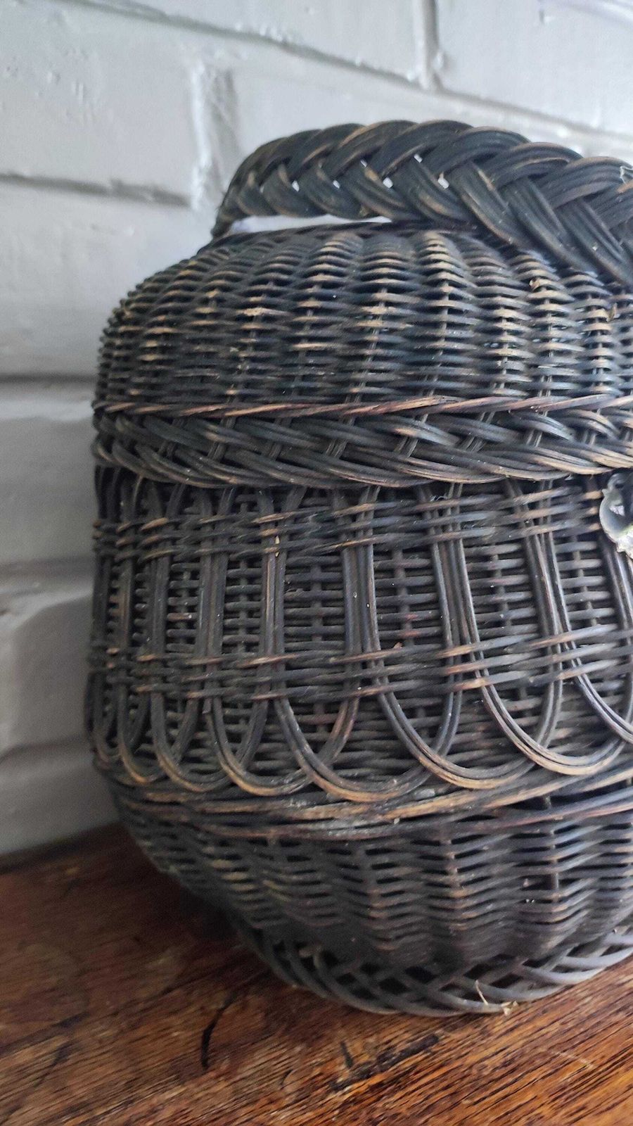 Antique French Woven Farm Basket Wicker Sewing Basket With Lid photo vinterior