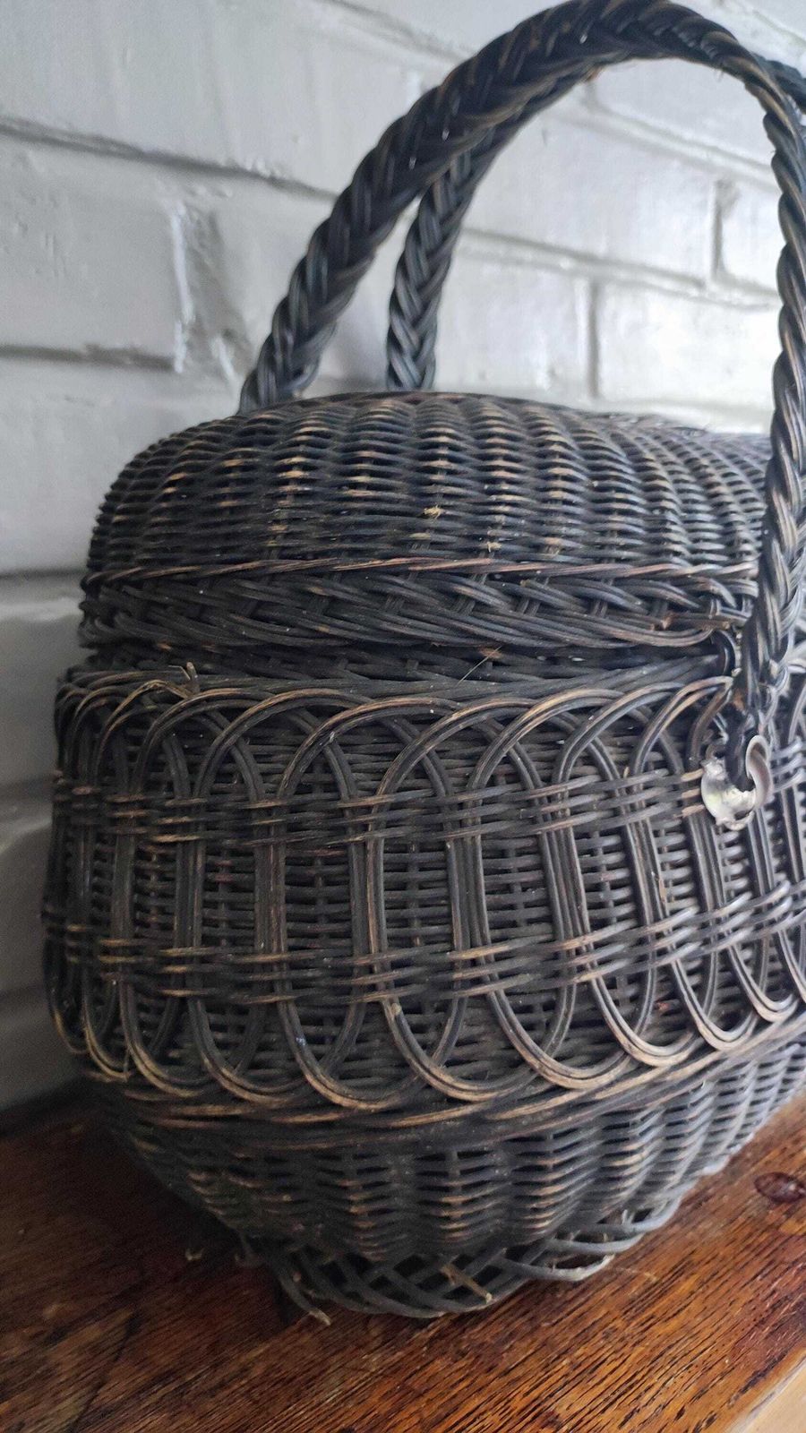 Antique French Woven Farm Basket Wicker Sewing Basket With Lid photo buy
