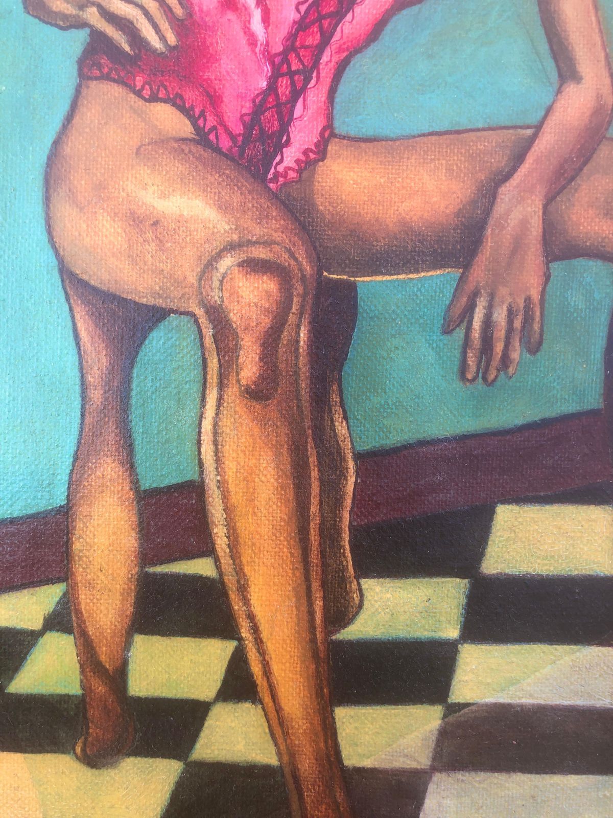 Surrealist Figure With Architectural Head In Interior, Dreamlike Oil Painting 1994 photo furniture