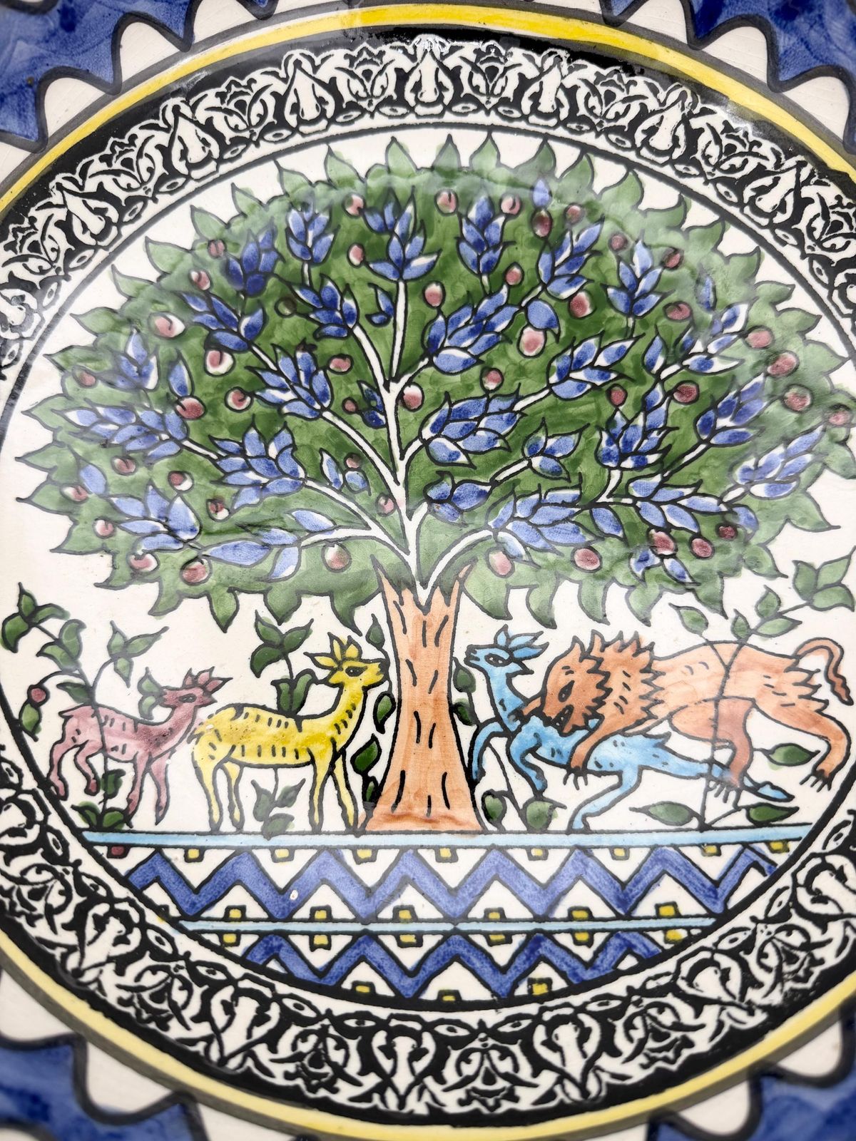 Vintage Large Hand Painted Ceramic Bowl, Tree Of Life Wall Mounted Bowl, Hand Painted Animal Folk Art Bowl photo 65.0