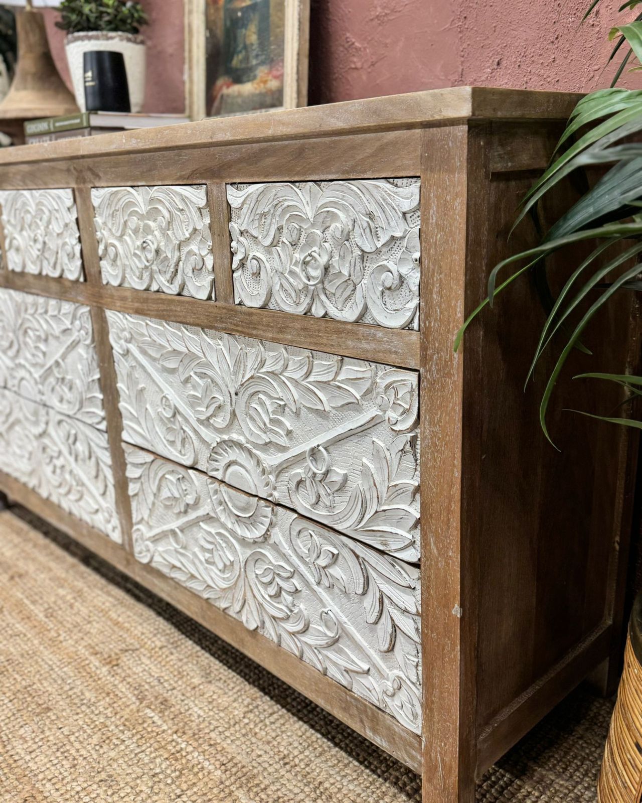 Hand Carved Mango Wood Chest Of Drawers – 8 Drawer Design With Whitewashed Drawers photo Furniture