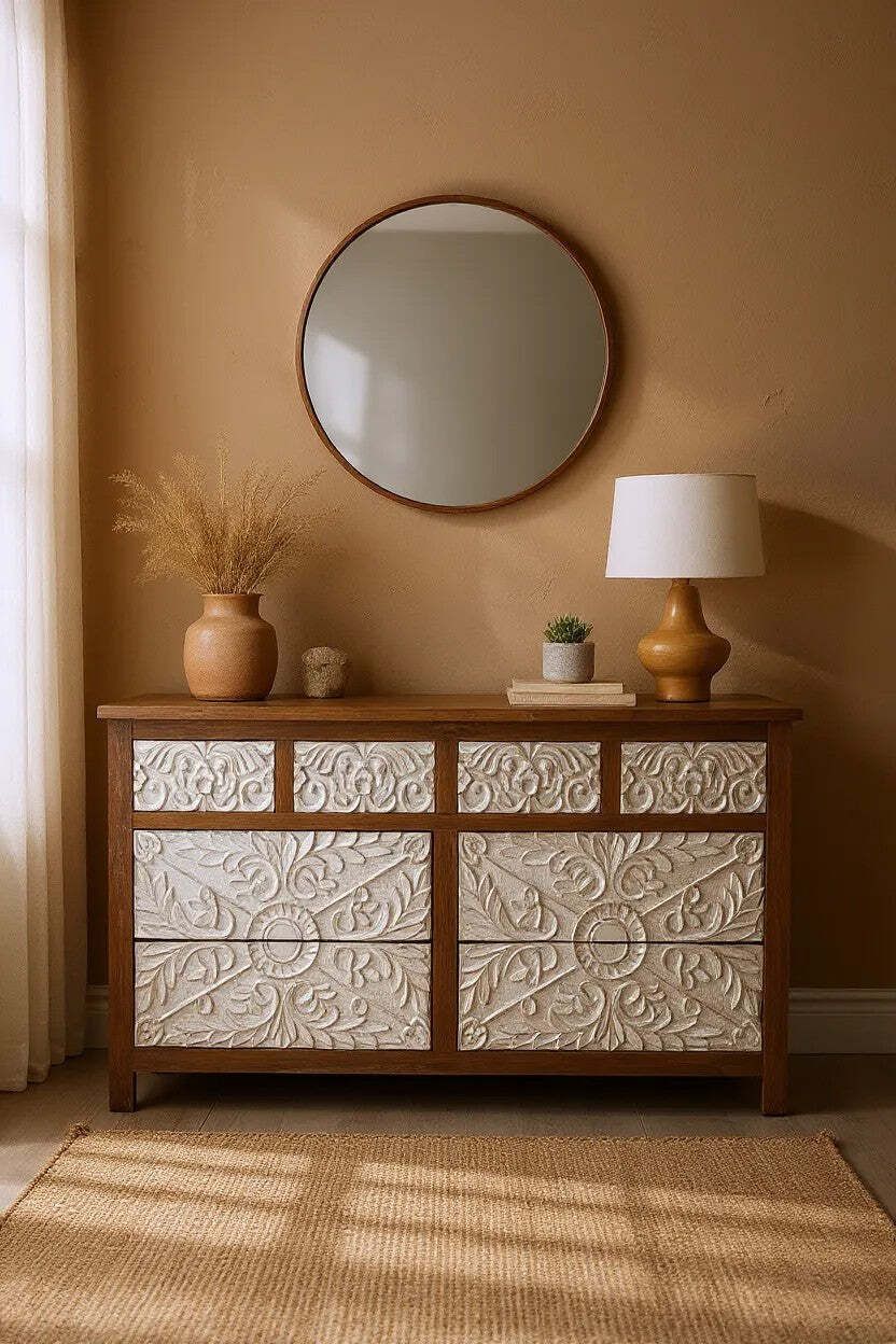 Hand Carved Mango Wood Chest Of Drawers – 8 Drawer Design With Whitewashed Drawers photo vinterior