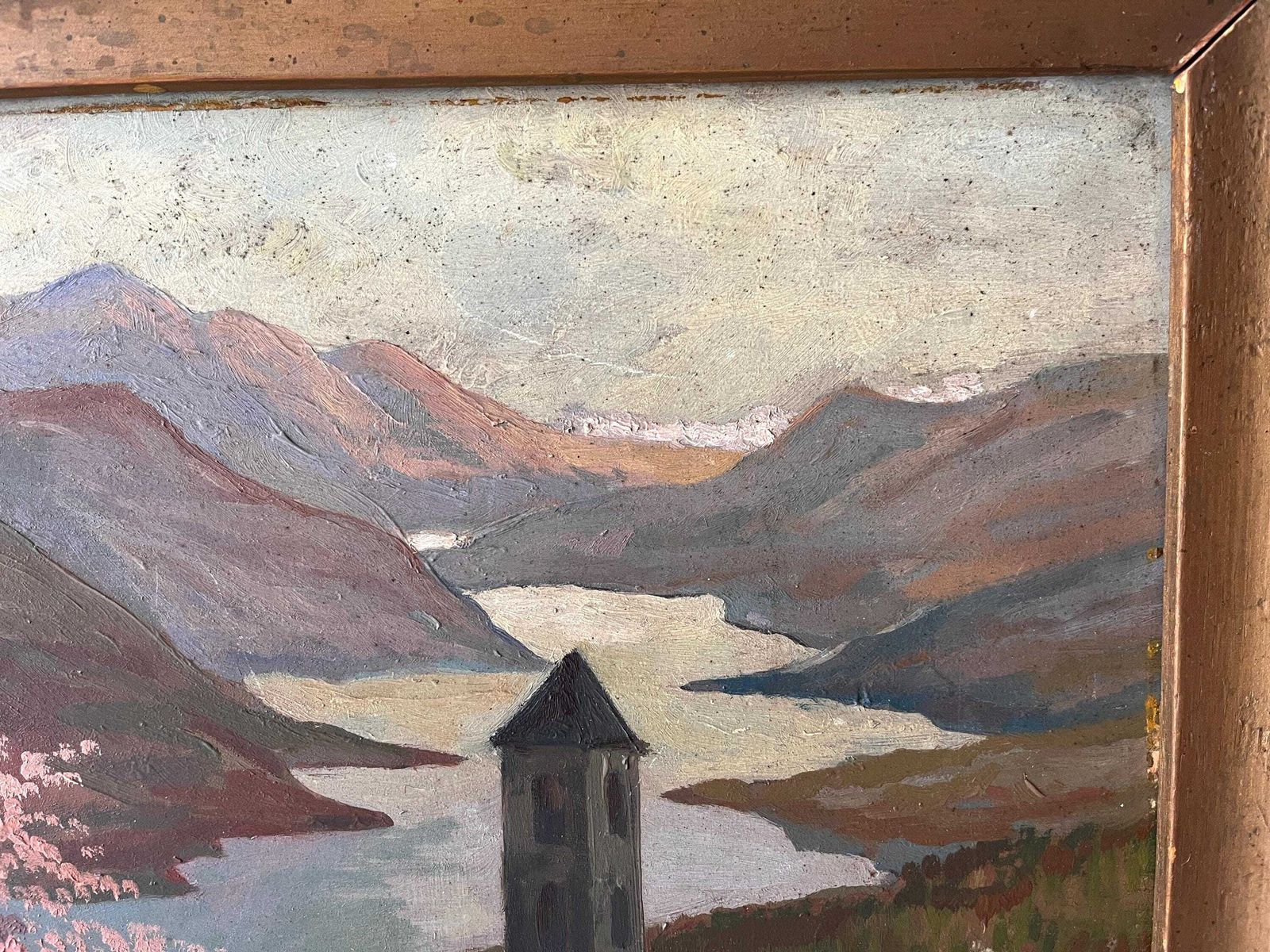 Original 1940s Italian Mountains Landscape Painting, Antique Lake Oil On Panel, Framed Picture photo vintage