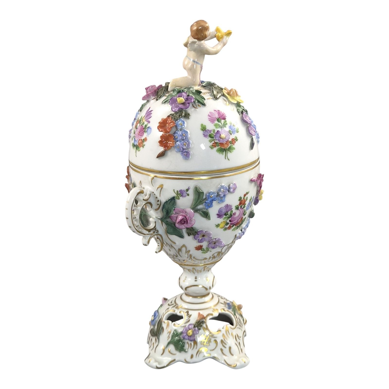 Carl Thieme Dresden Porcelain Potpourri Urn With Putto Finial, C.1901 photo vintage
