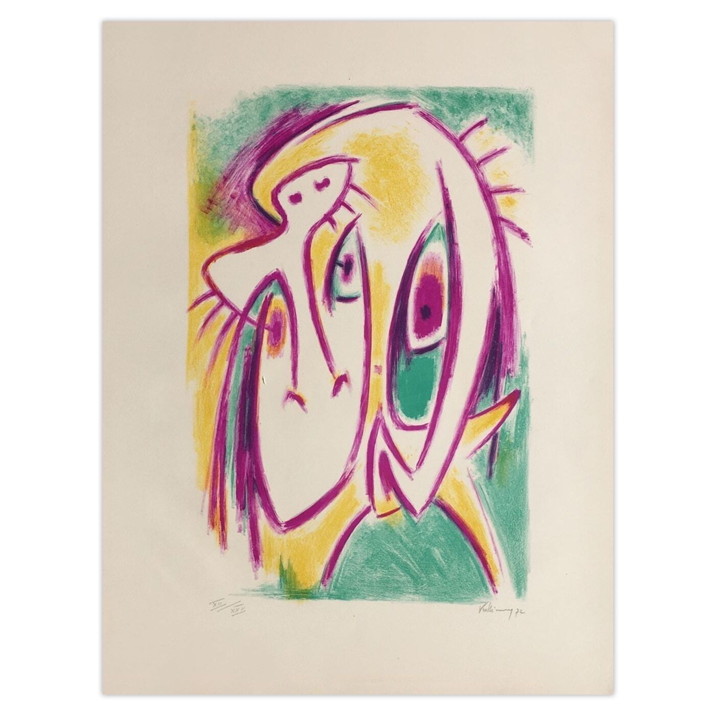 Gérard Vulliamy Gesigneerde Lithografie Visages 1972