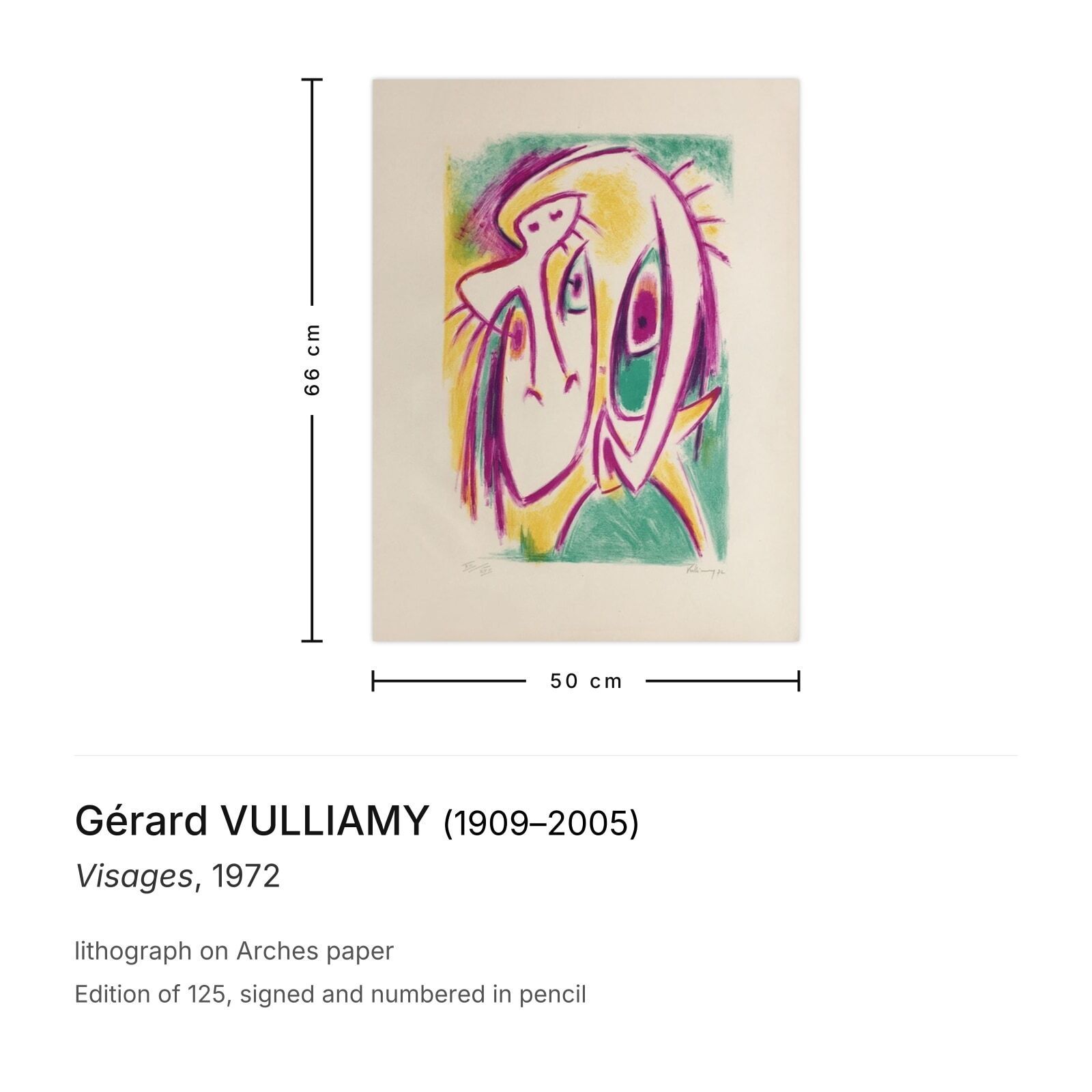Gérard Vulliamy Gesigneerde Lithografie Visages 1972 photo furniture