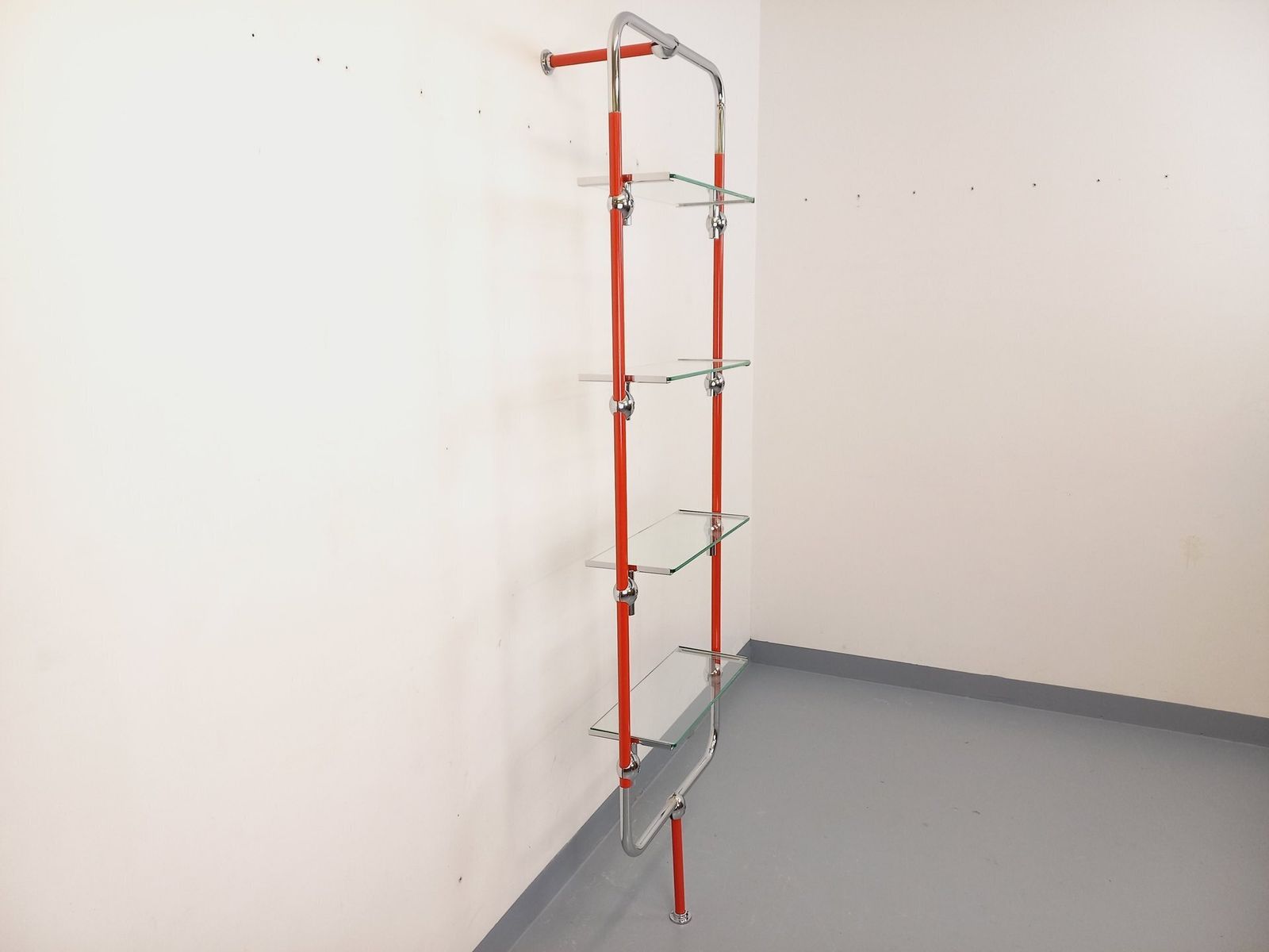 Bauhaus Bookcase In Red Metal, Chrome And Glass photo for sale