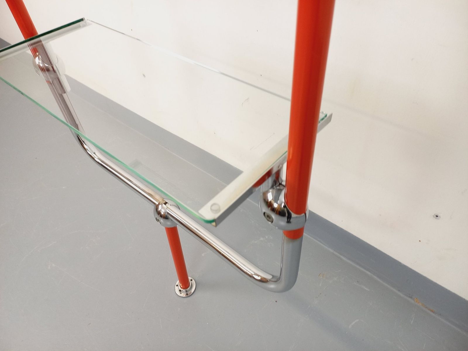 Bauhaus Bookcase In Red Metal, Chrome And Glass photo vinterior