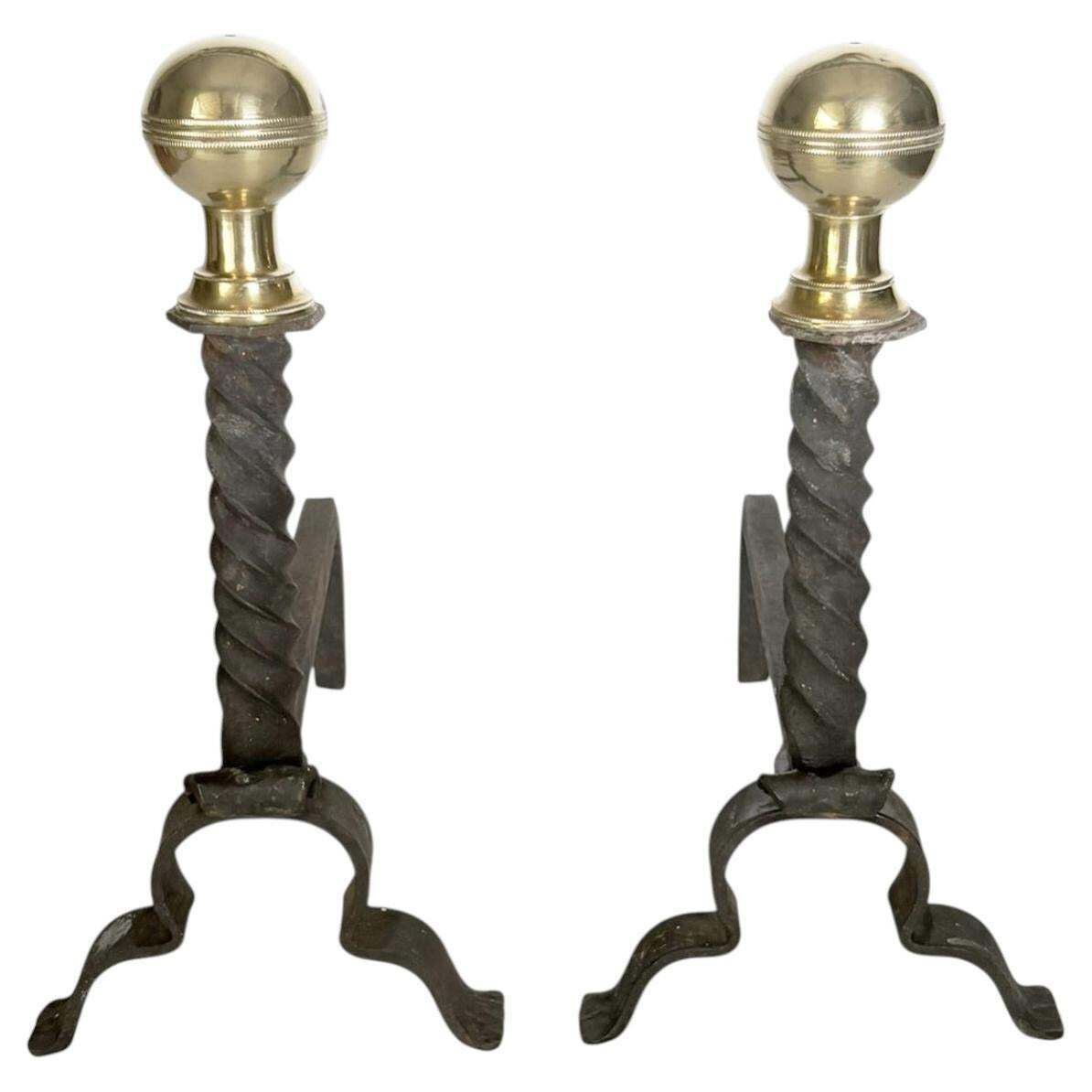 Pair Of Andirons In Cast Iron And Brass, Black And Gold, France, 1960s