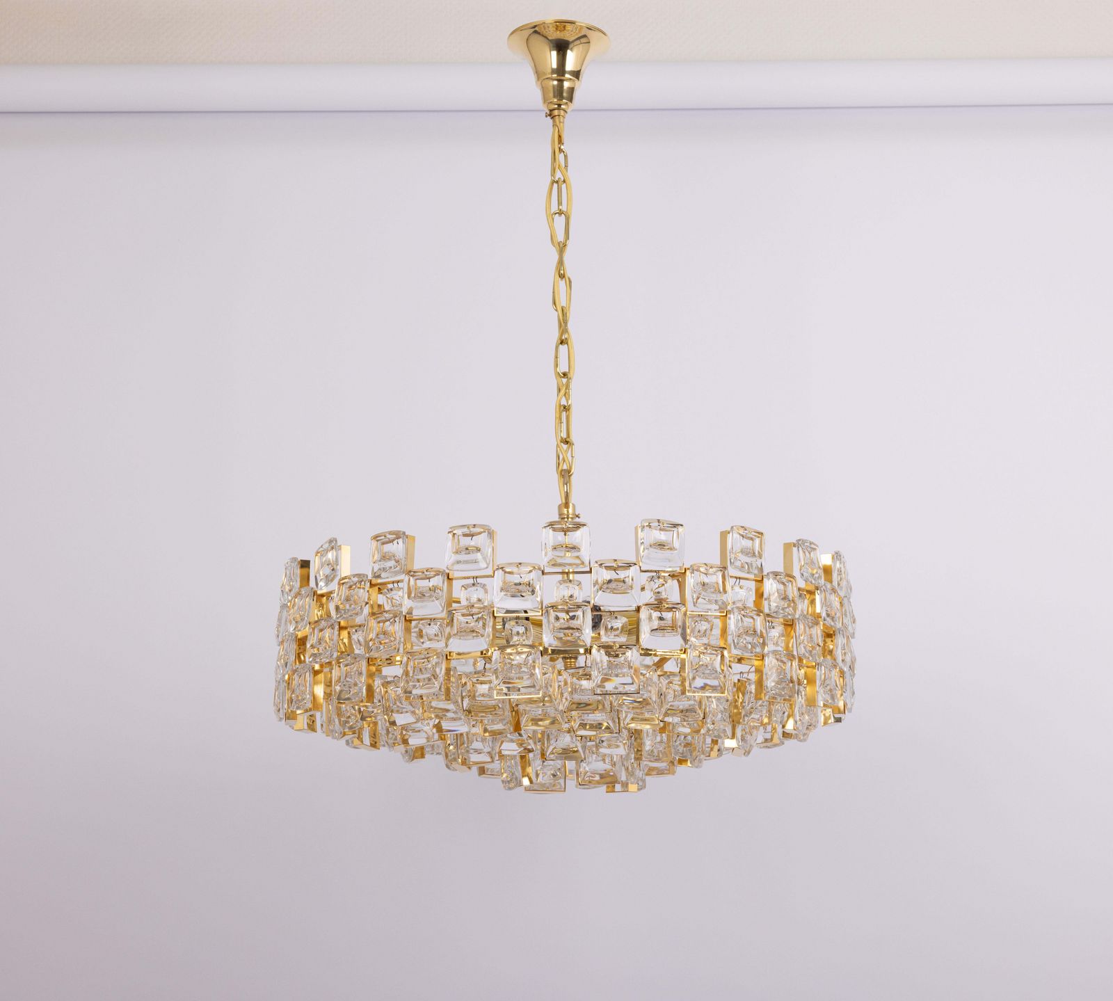 Large Gilt Brass Crystal Chandelier By Palwa, Sciolari Design, Germany, 1970s photo for sale