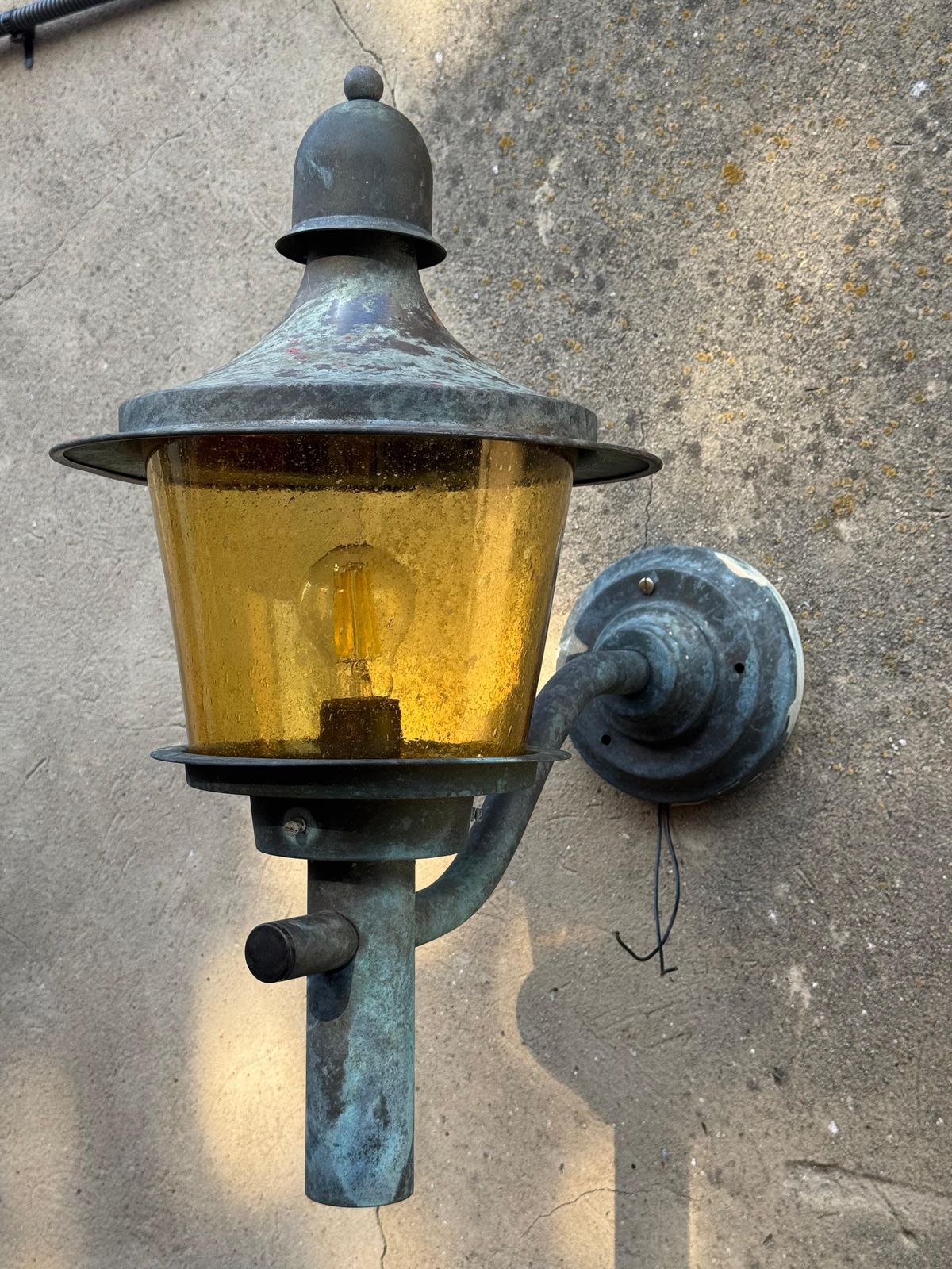 Brass Outdoor Wall Lamps With Yellow Glass Shades photo for sale