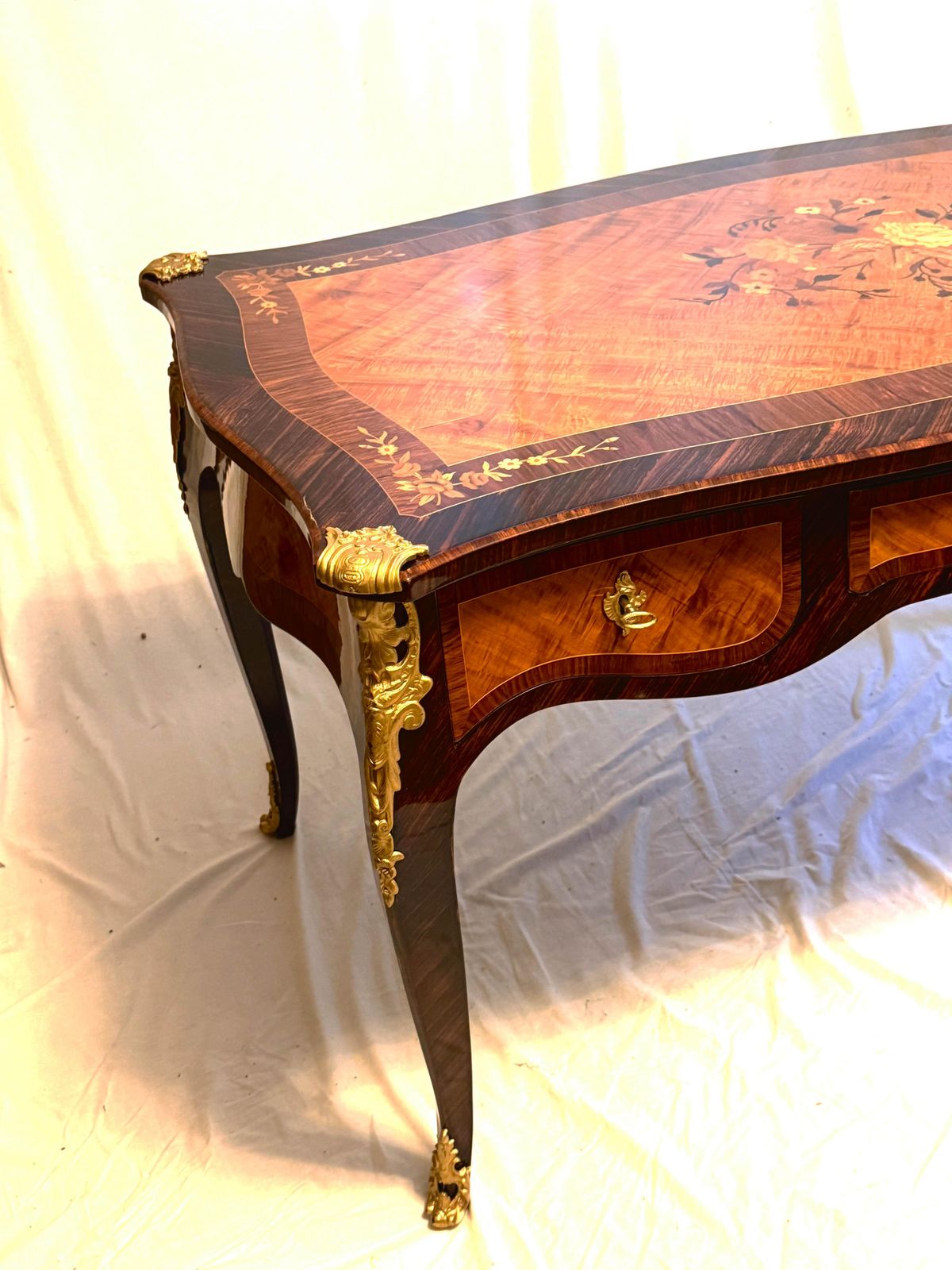French Louis XV Style Dame Bureau Plat, Desk With Marquetry And Bronze Mounting photo furniture