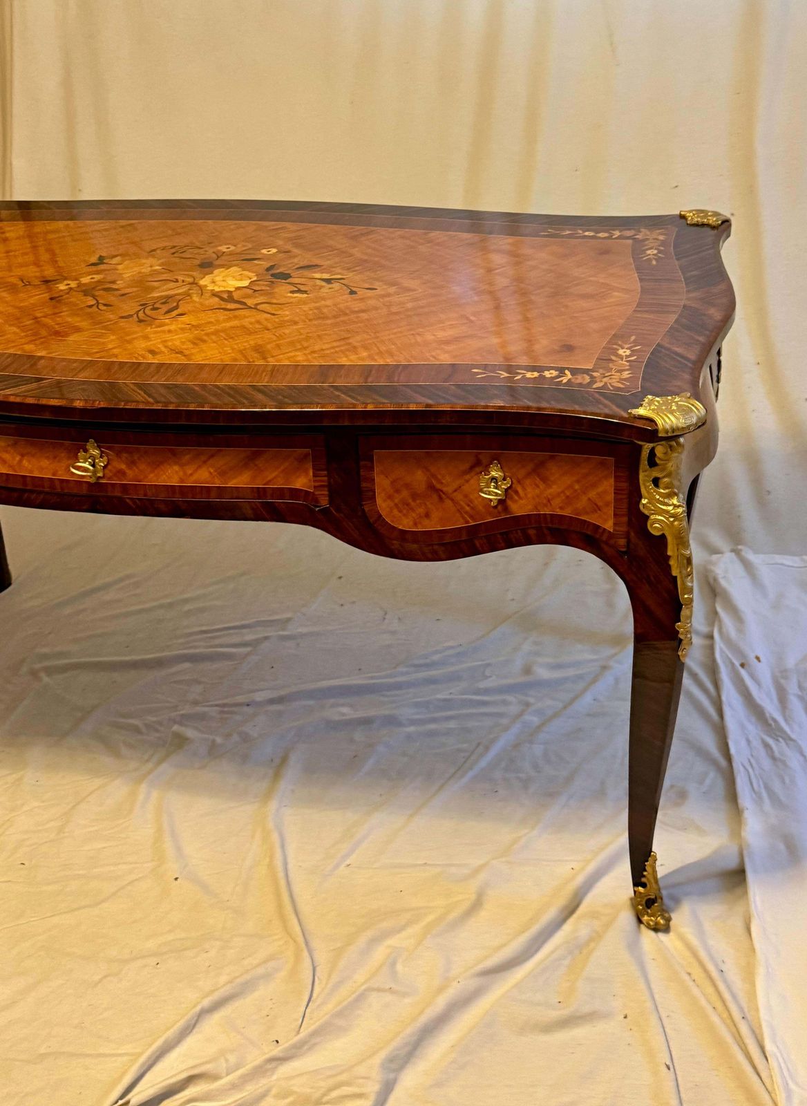 French Louis XV Style Dame Bureau Plat, Desk With Marquetry And Bronze Mounting photo for sale